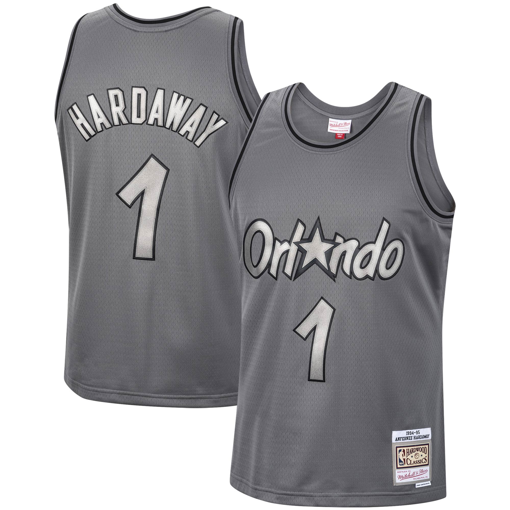 Men's Mitchell & Ness Penny Hardaway Charcoal Orlando Magic Hardwood Classics Retired Player 1994/95 Metal Works Swingman Jersey
