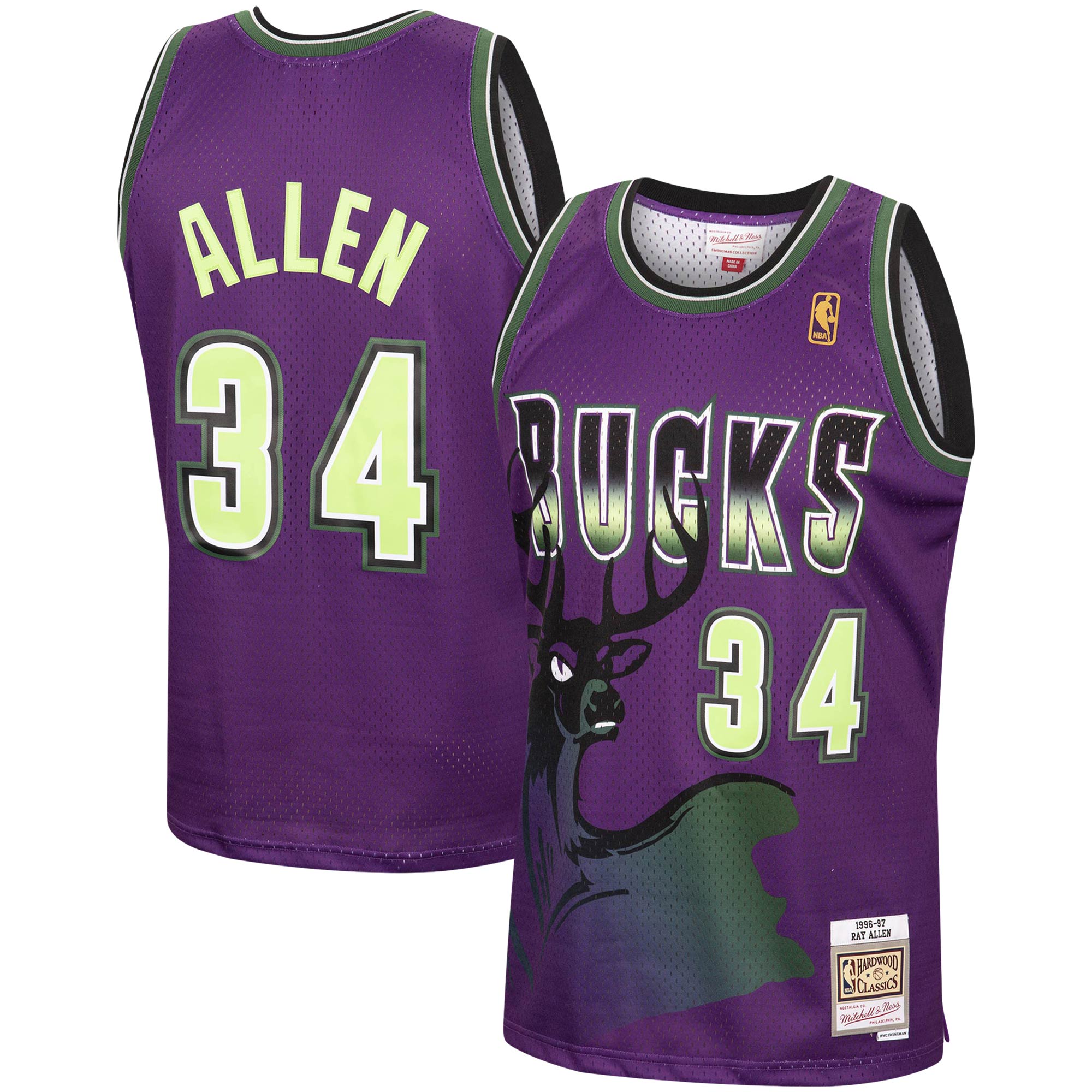 Men's Mitchell & Ness Ray Allen Purple Milwaukee Bucks 1996-97 Hardwood Classics Reload Swingman Jersey