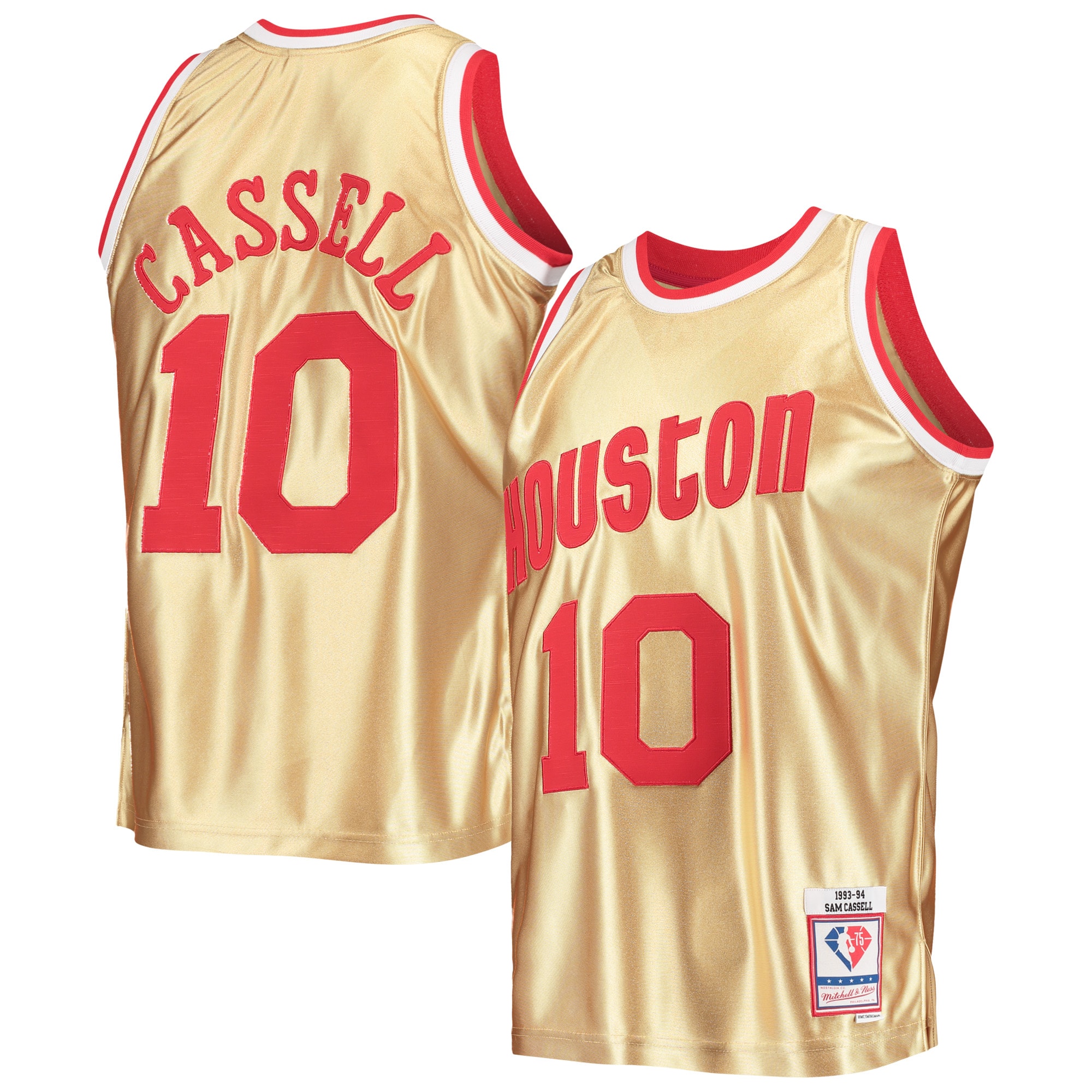 Men's Mitchell & Ness Sam Cassell Gold Houston Rockets 75th Anniversary 1993/94 Hardwood Classics Swingman Jersey - JS742 