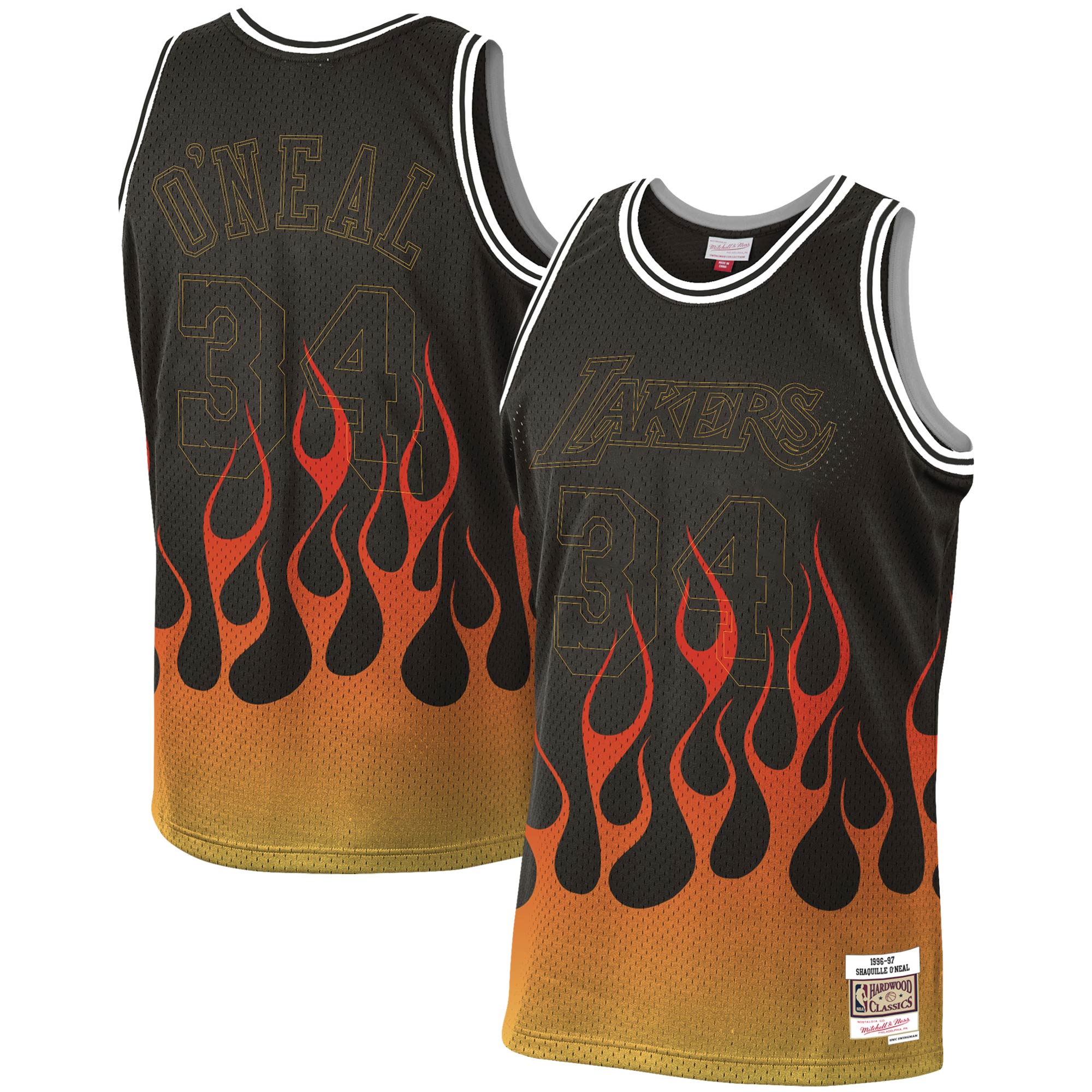 Men's Mitchell & Ness Shaquille O'neal Black Los Angeles Lakers 1996-97 Hardwood Classics Flames Swingman Jersey