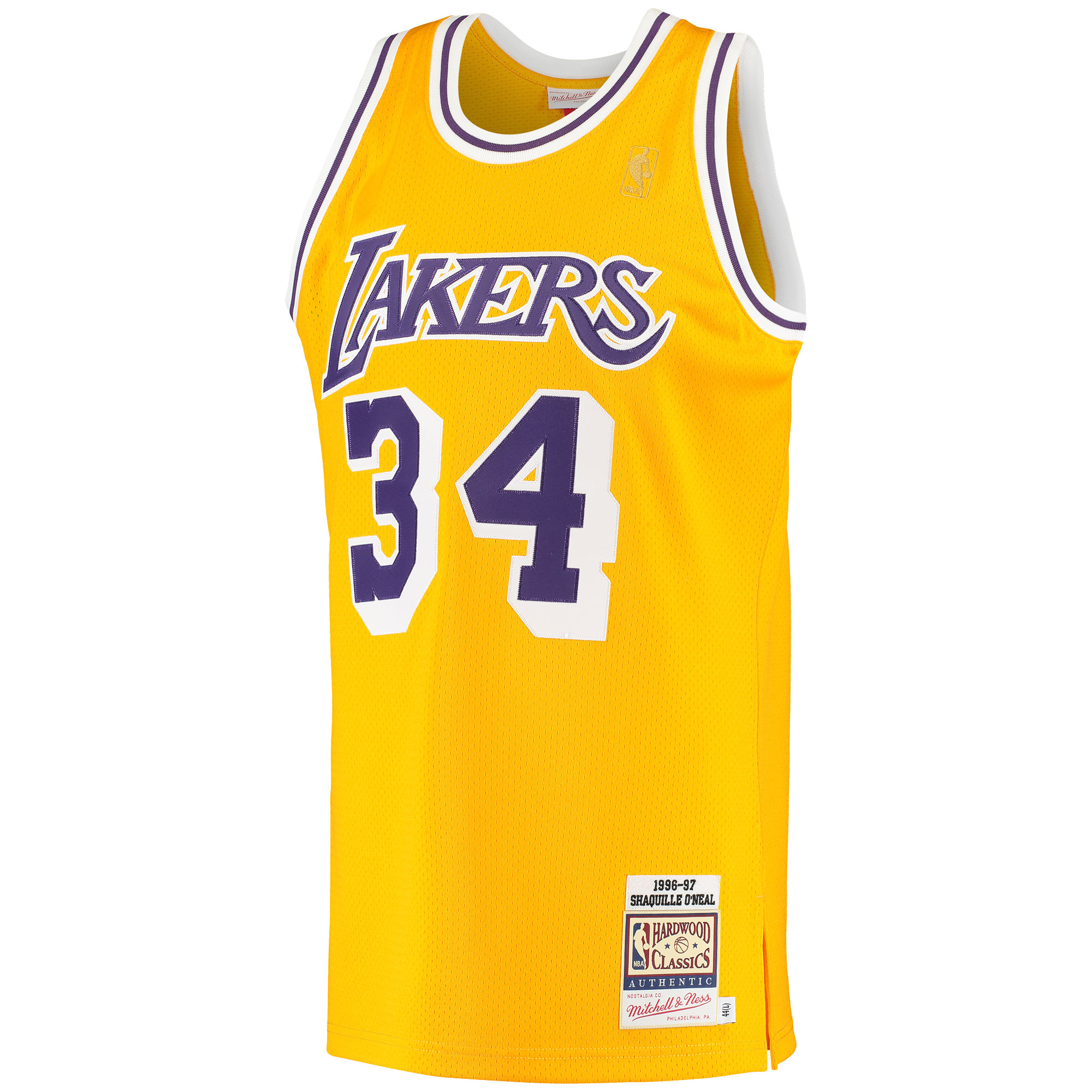 Alternative view of Men's Mitchell & Ness Shaquille O'Neal Gold Los Angeles Lakers 1996/97 Hardwood Classics Jersey - JS471 