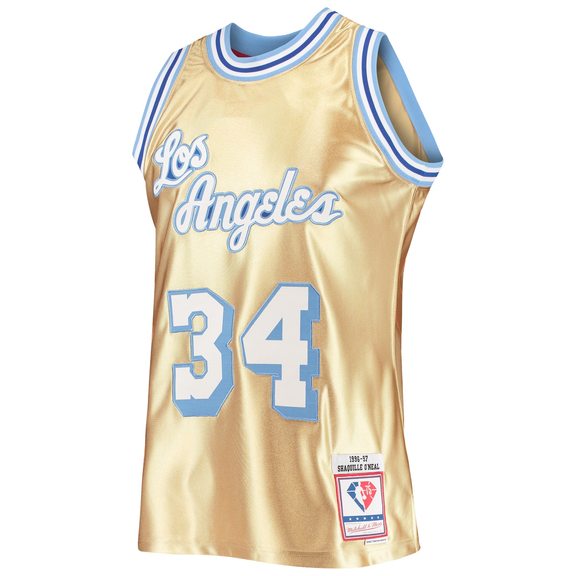 Alternative view of Men's Mitchell & Ness Shaquille O'Neal Gold Los Angeles Lakers 75th Anniversary 1996/97 Hardwood Classics Swingman Jersey - JS283 