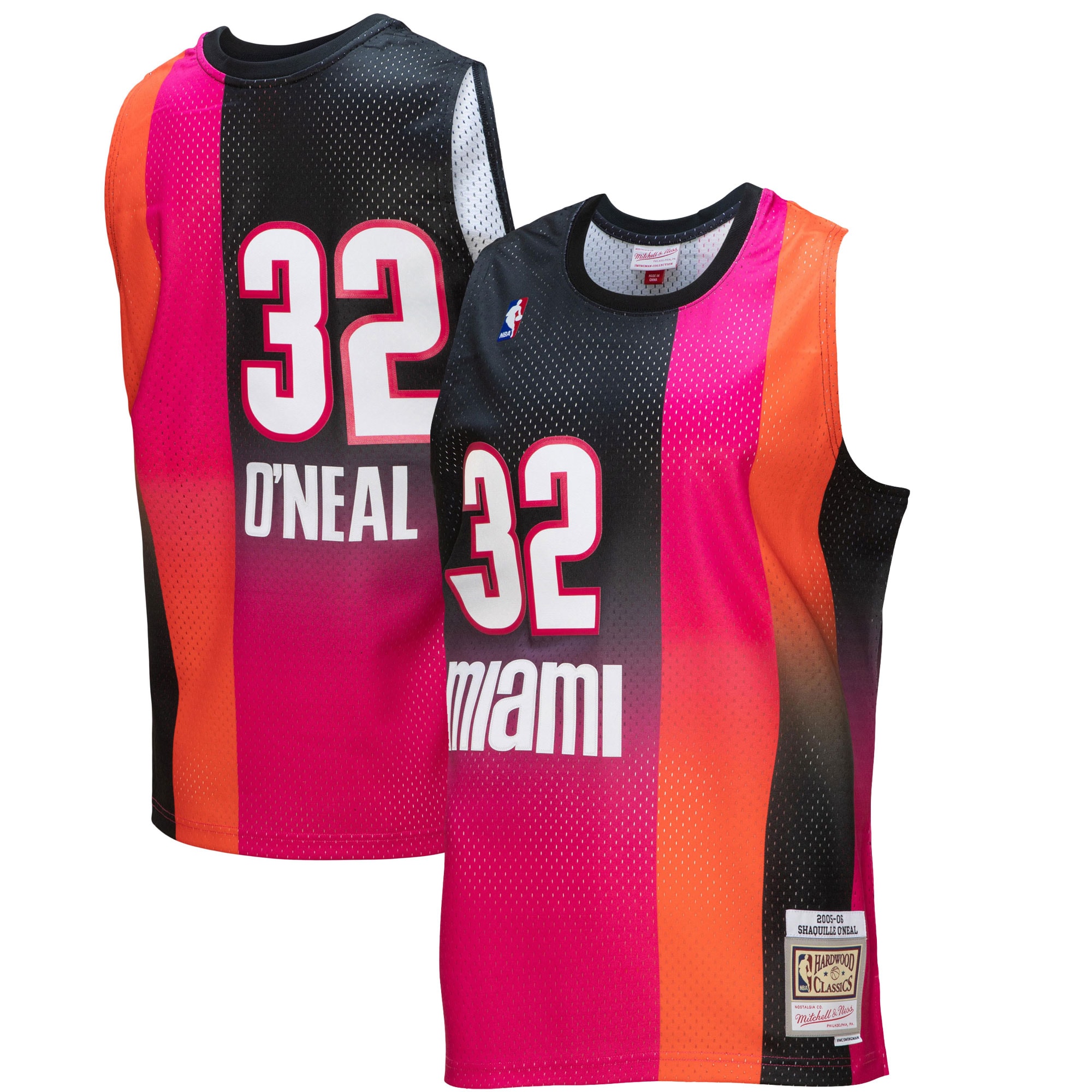 Men's Mitchell & Ness Shaquille O'Neal Pink/Black Miami Heat 2005/06 Hardwood Classics Fadeaway Swingman Player Jersey - JS518 