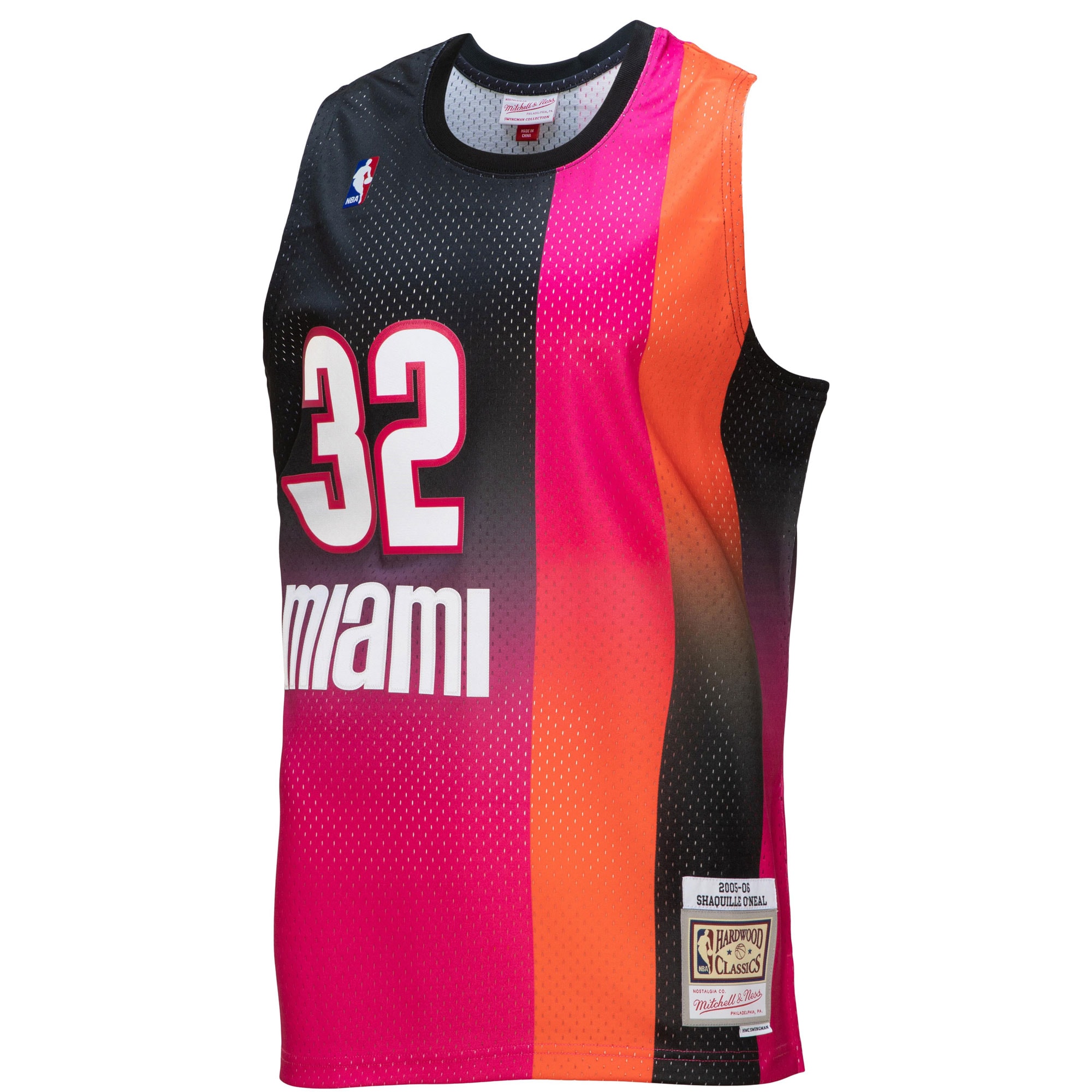 Alternative view of Men's Mitchell & Ness Shaquille O'Neal Pink/Black Miami Heat 2005/06 Hardwood Classics Fadeaway Swingman Player Jersey - JS518 