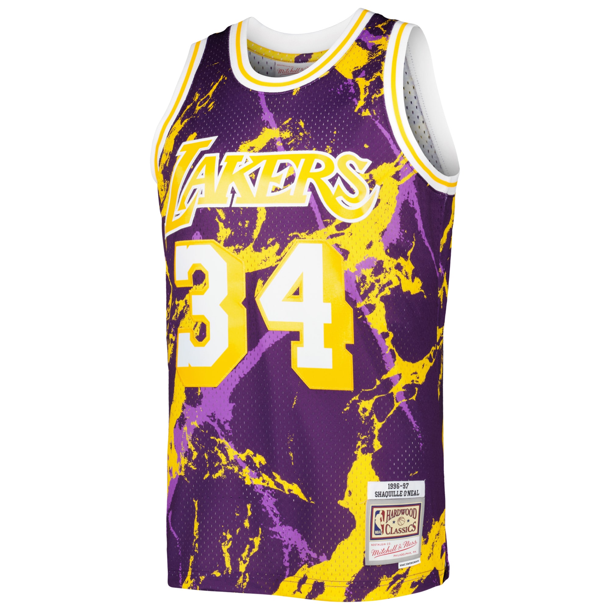 Alternative view of Men's Mitchell & Ness Shaquille O'Neal Purple Los Angeles Lakers 1996/97 Hardwood Classics Marble Swingman Jersey - JS308 