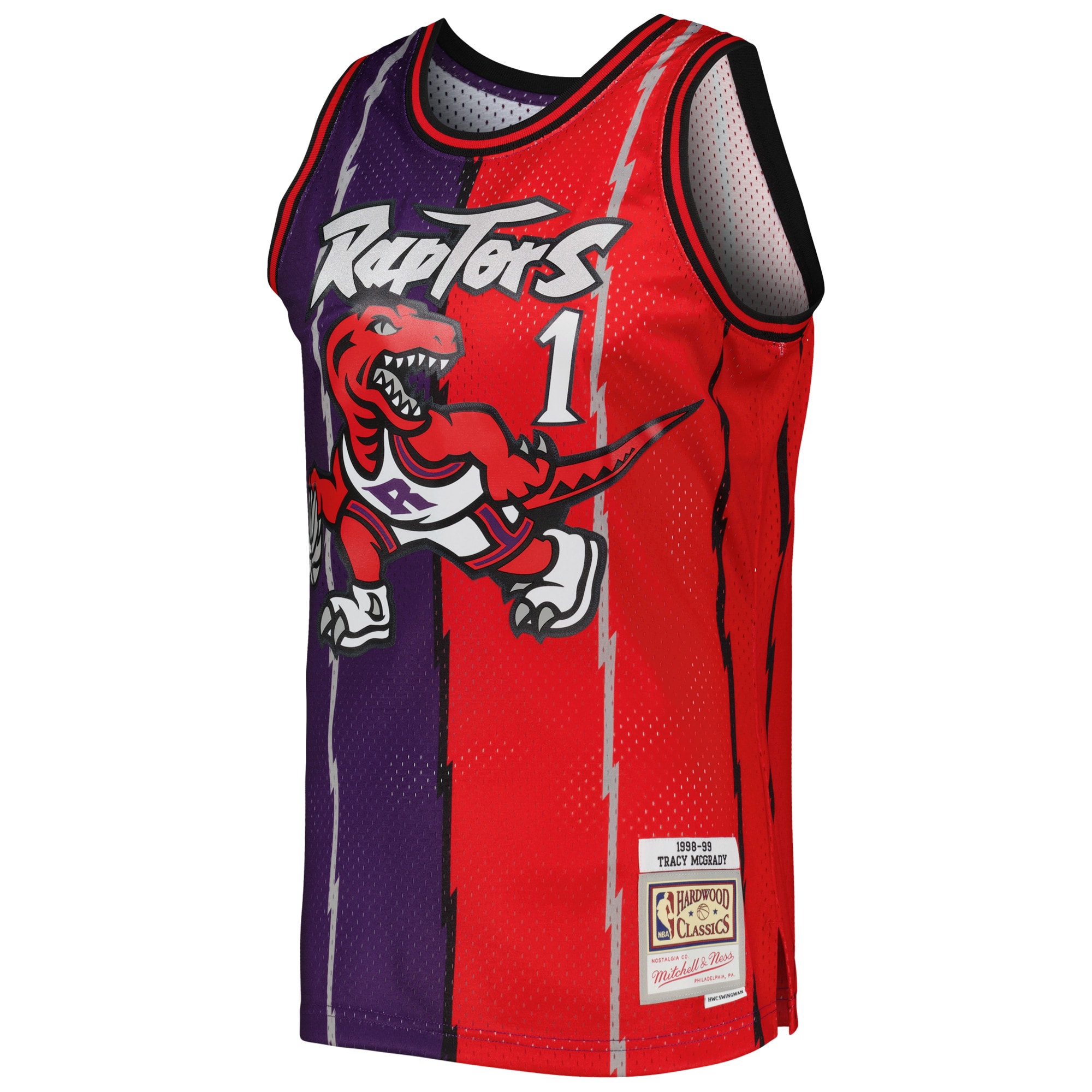 Alternative view of Men's Mitchell & Ness Tracy McGrady Purple/Red Toronto Raptors Hardwood Classics 1998/99 Split Swingman Jersey - JS416 