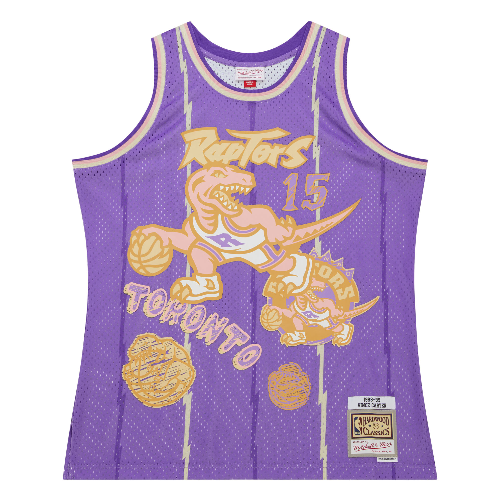 Alternative view of Men's Mitchell & Ness Vince Carter Purple Toronto Raptors 1998/99 Swingman Sidewalk Sketch Jersey - JS630 
