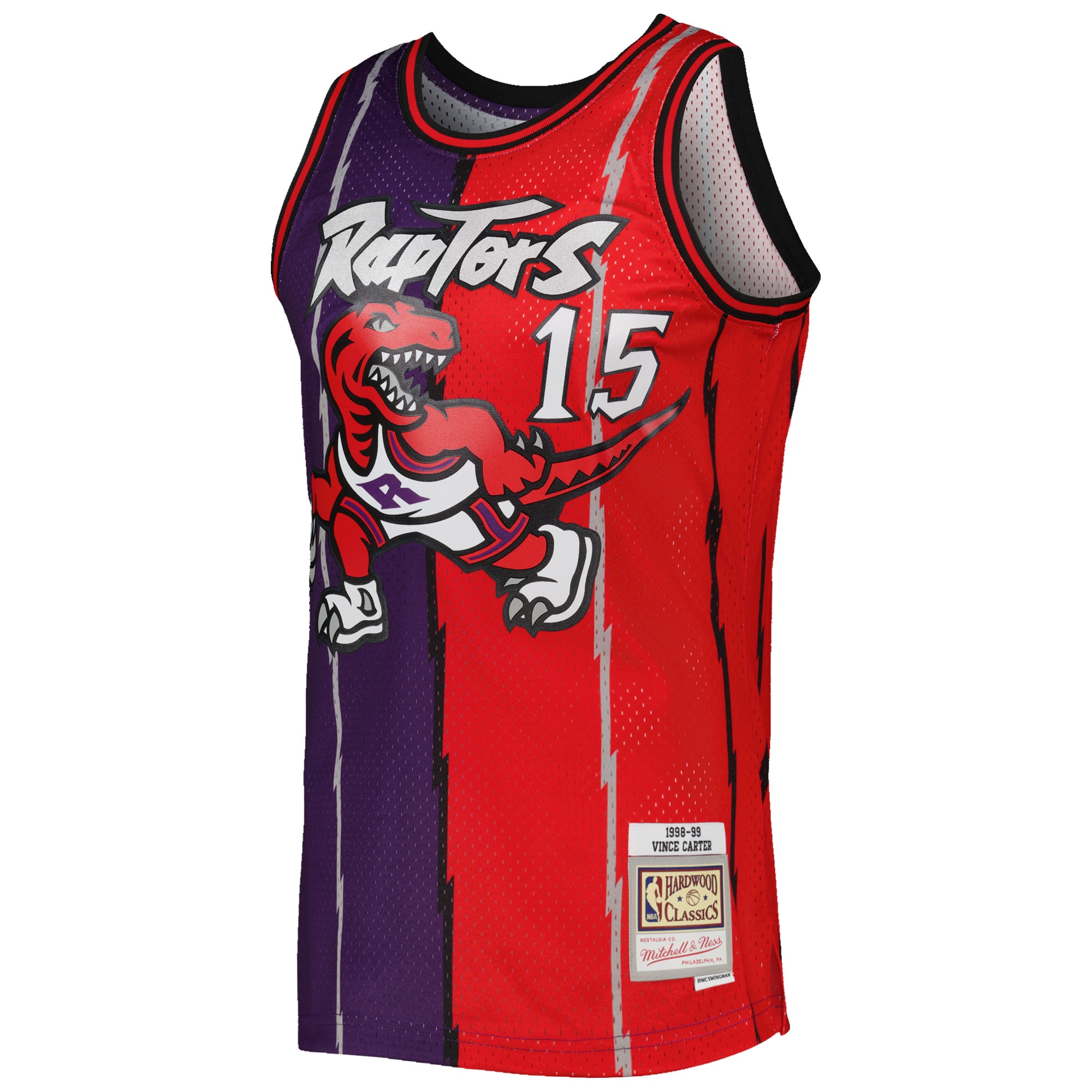 Alternative view of Men's Mitchell & Ness Vince Carter Purple/Red Toronto Raptors Hardwood Classics 1998/99 Split Swingman Jersey - JS282 