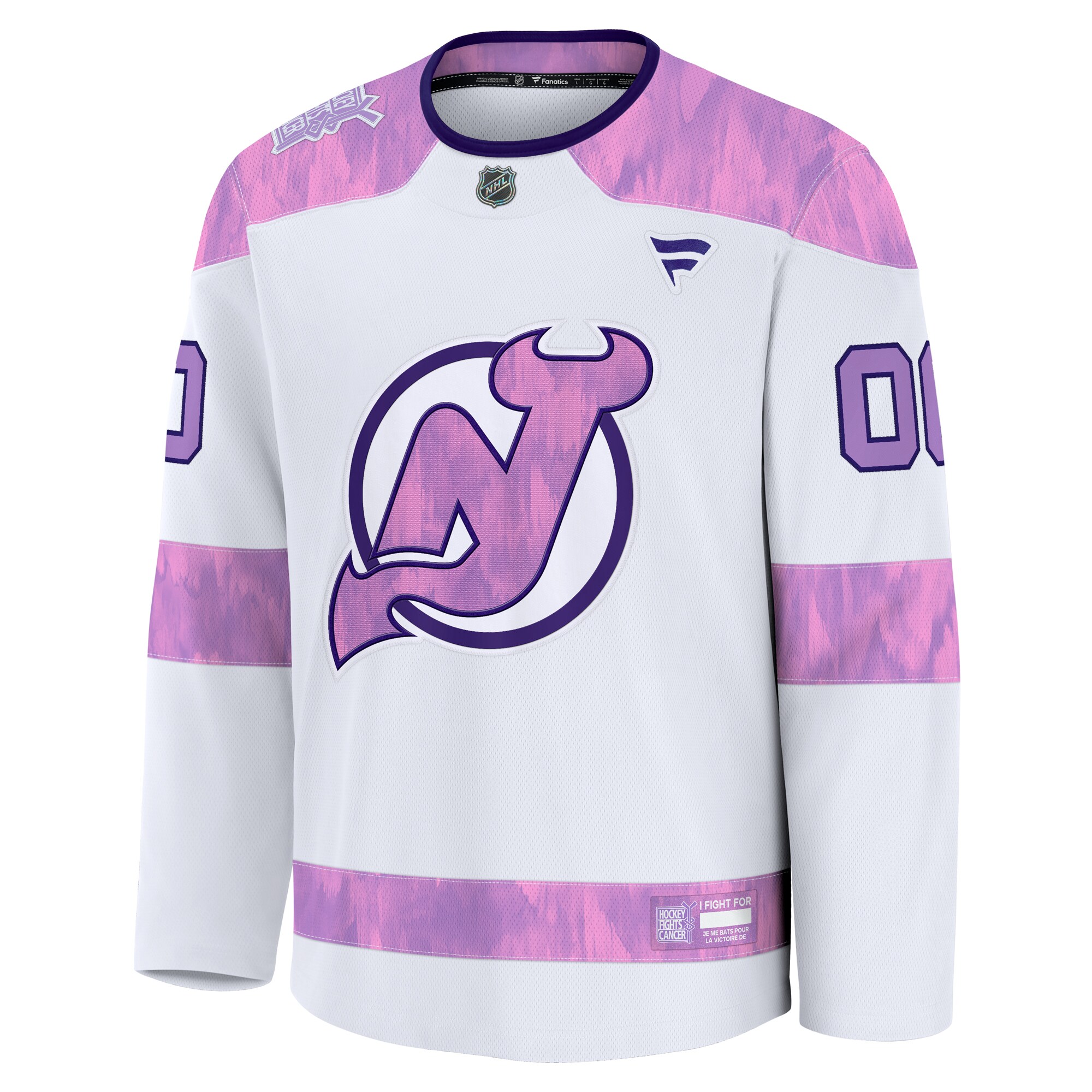 Alternative view of Men's New Jersey Devils White 2024 Hockey Fights Cancer Custom Practice Jersey - JS891 