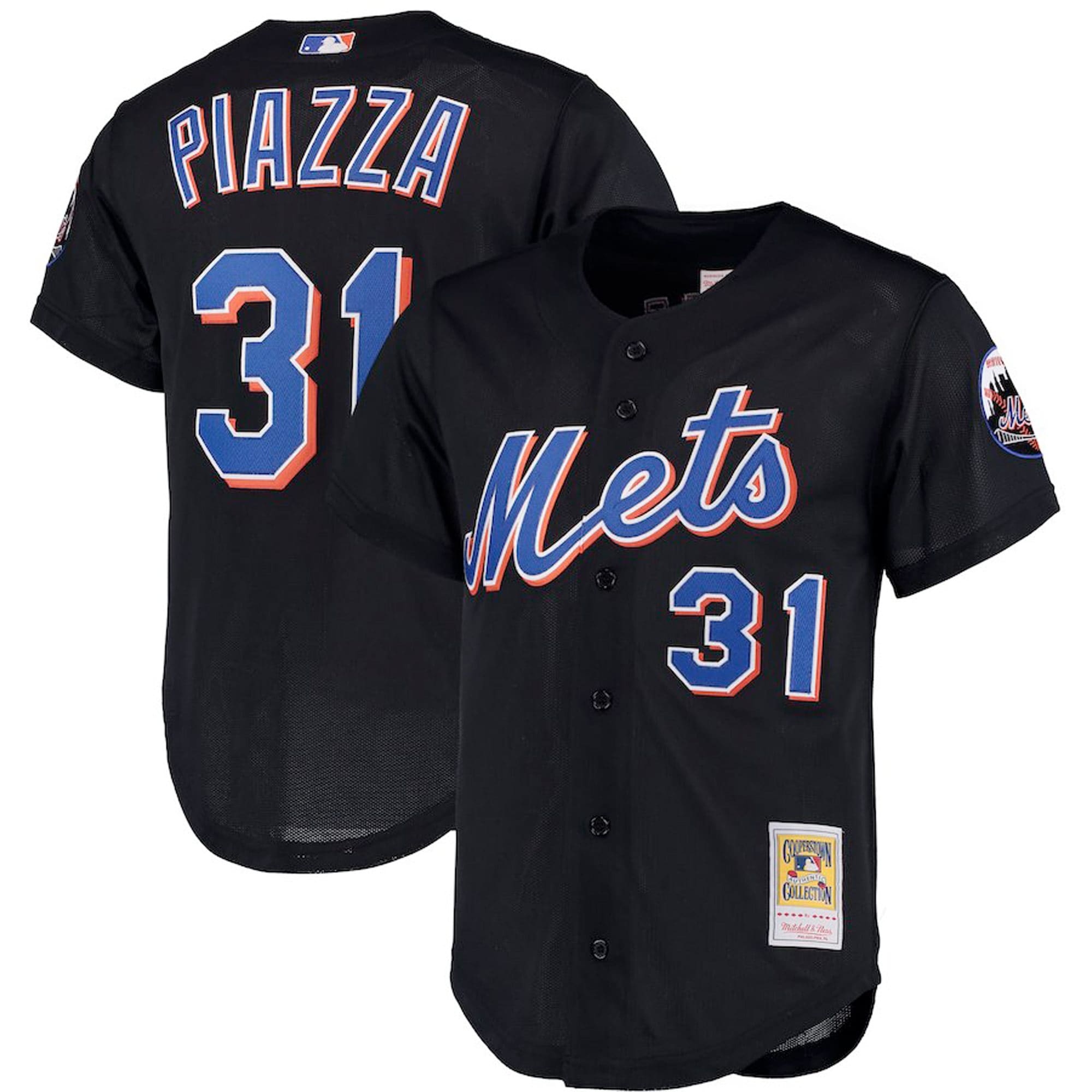 Men's New York Mets Mike Piazza Mitchell & Ness Black Big & Tall Cooperstown Collection Mesh Button-Up Jersey 