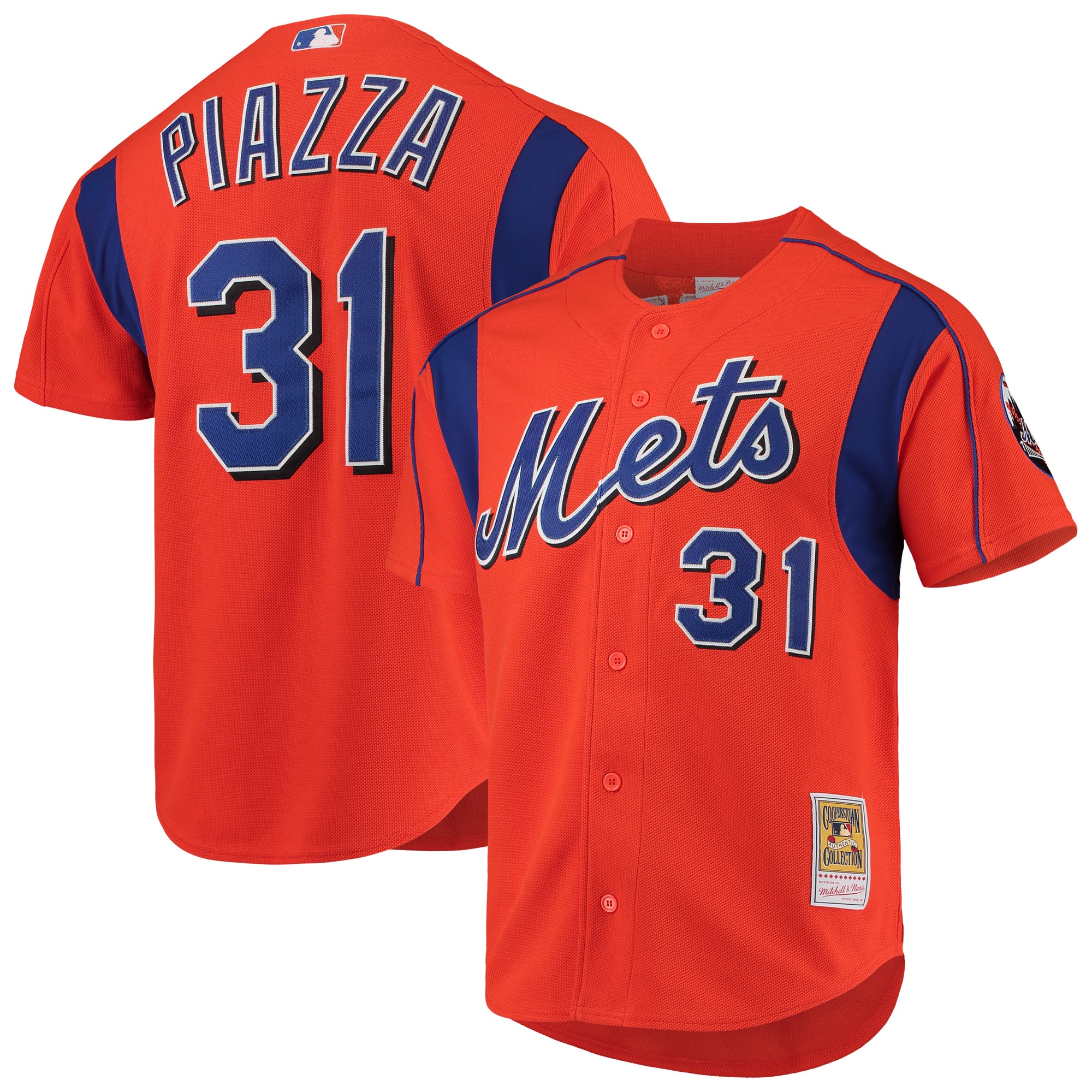 Men's New York Mets Mike Piazza Mitchell & Ness Orange Cooperstown Collection Mesh Batting Practice Button-Up Jersey 