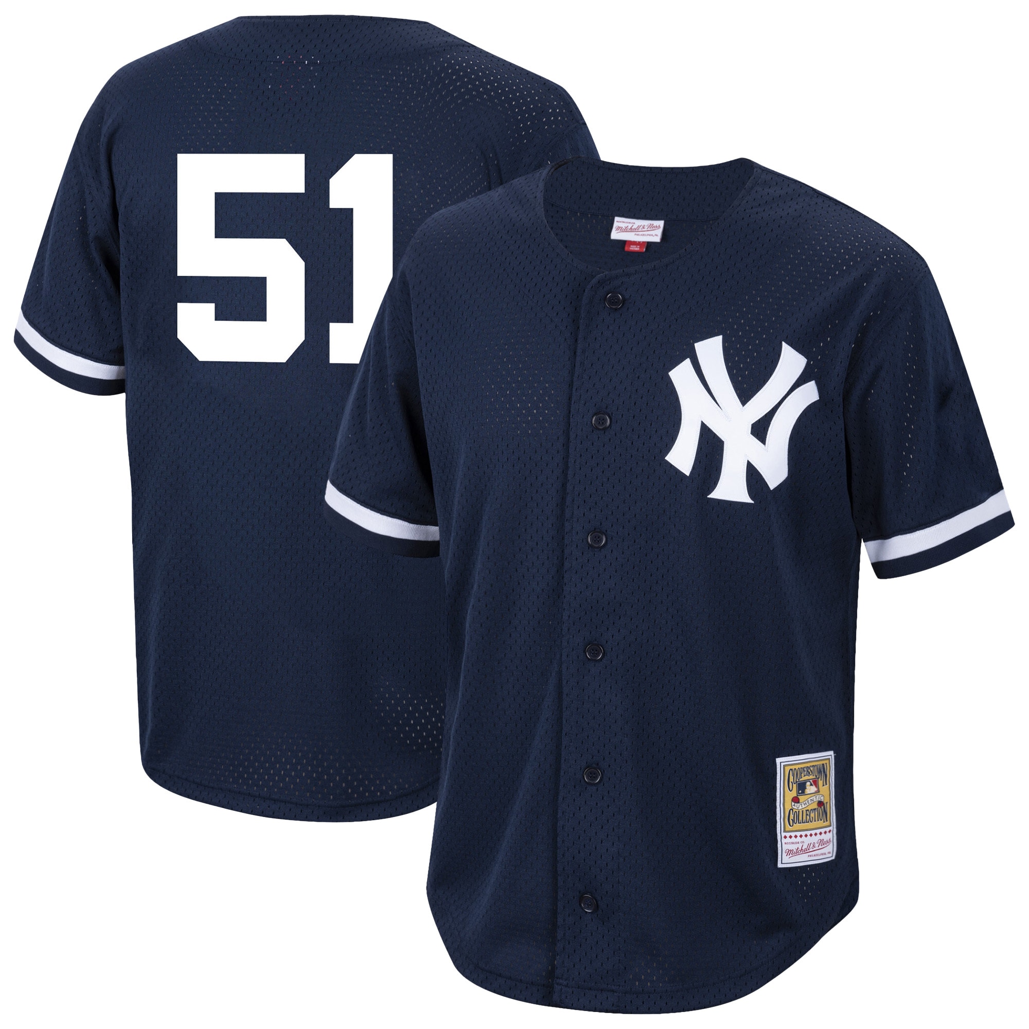 Men's New York Yankees Bernie Williams Mitchell & Ness Navy Cooperstown Collection Mesh Batting Practice Button-Up Jersey 
