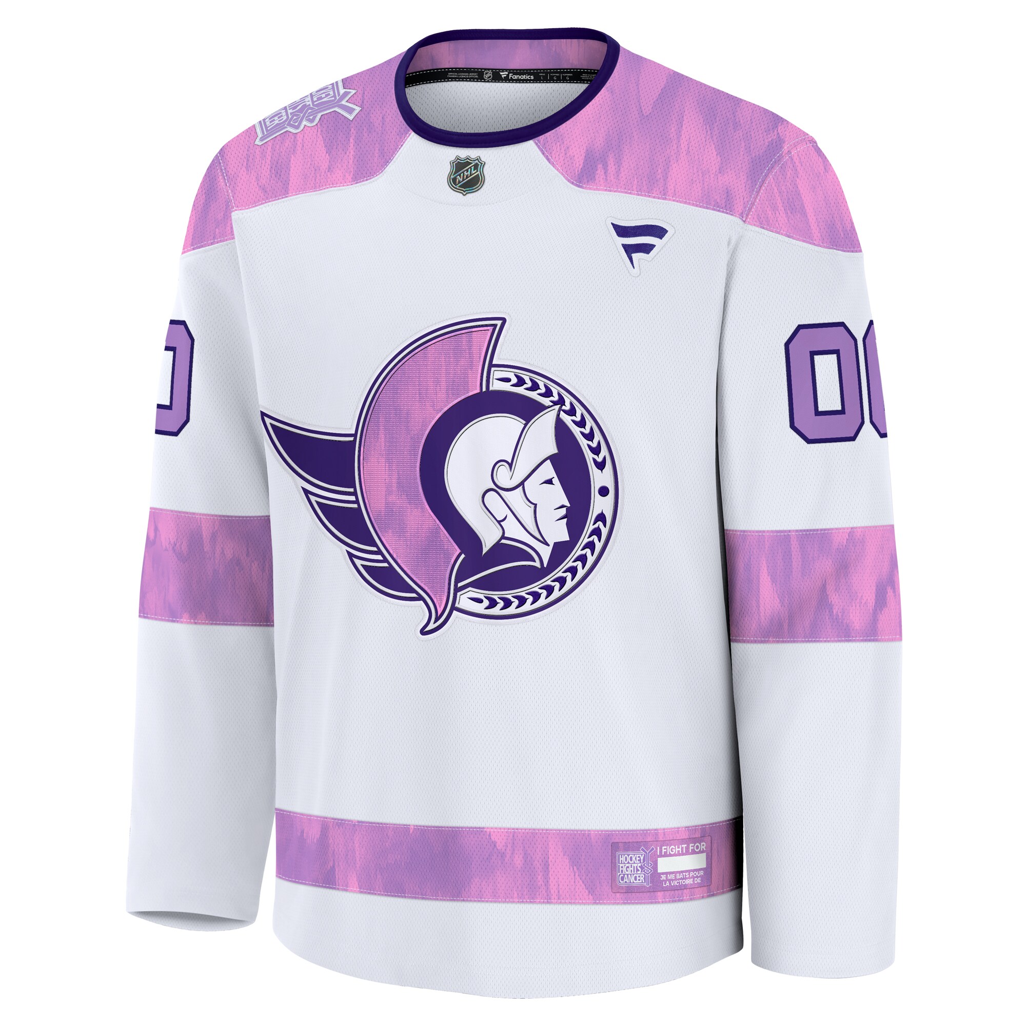 Alternative view of Men's Ottawa Senators White 2024 Hockey Fights Cancer Custom Practice Jersey - JS398 