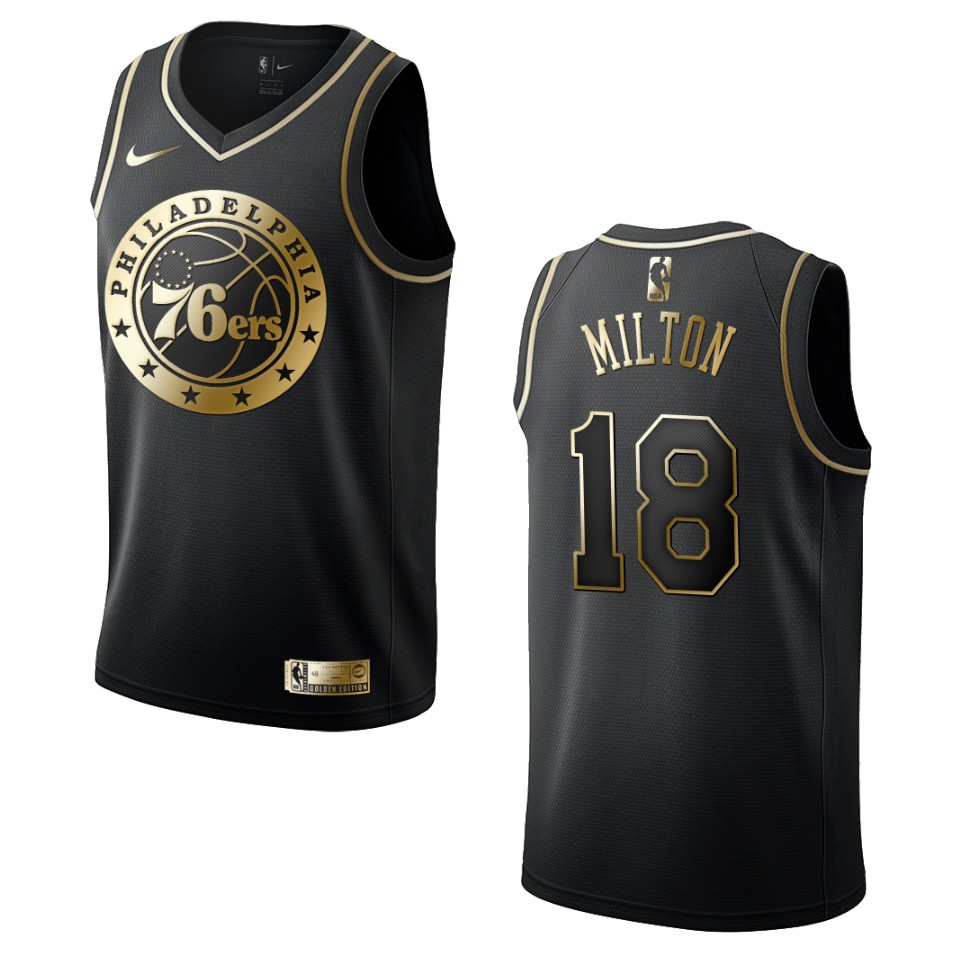 Men’s Philadelphia 76ers #18 Shake Milton Golden Edition Jersey – Black