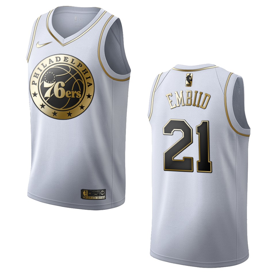 Men’s Philadelphia 76ers #21 Joel Embiid Golden Edition Jersey – White