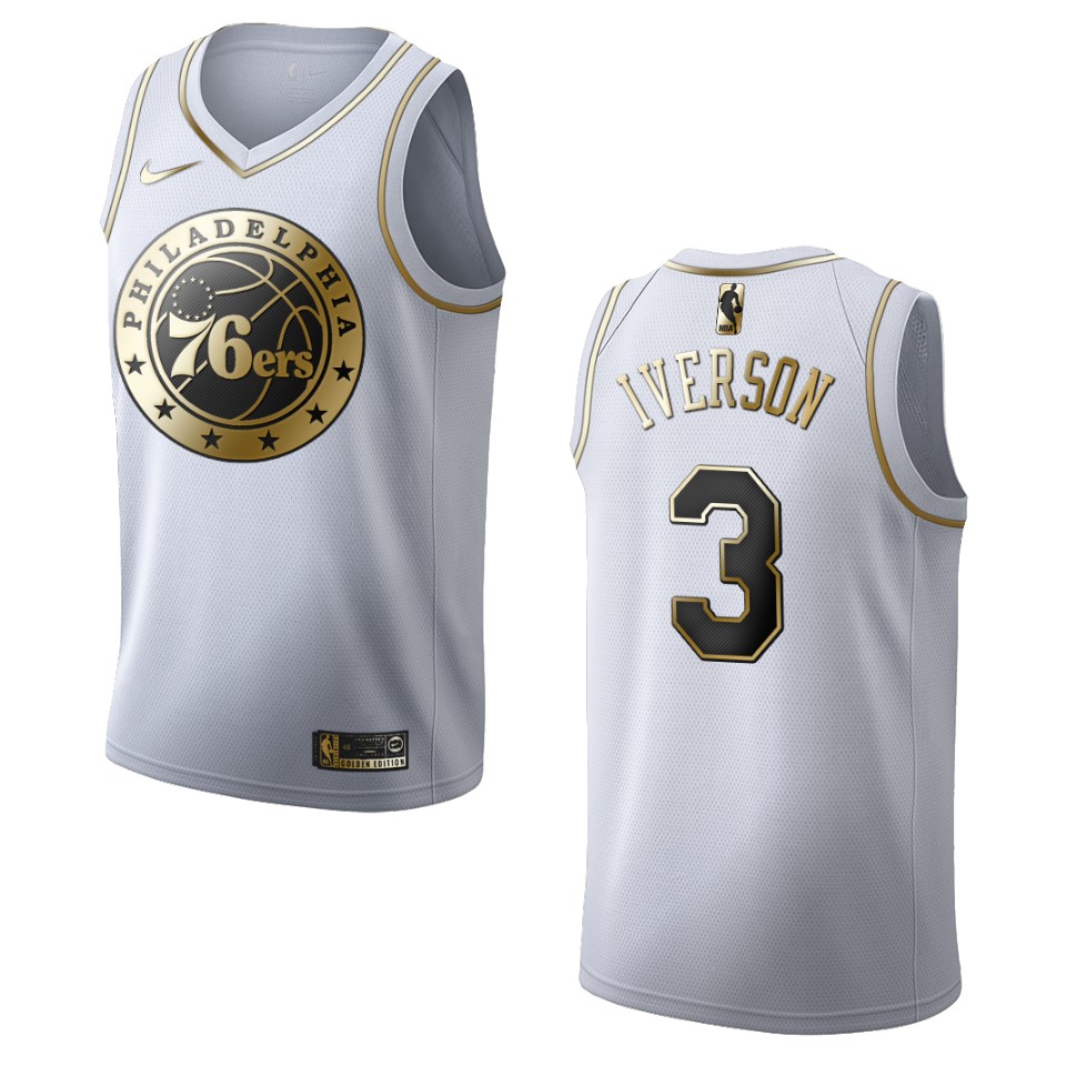 Men’s Philadelphia 76ers #3 Allen Iverson Golden Edition Jersey – White