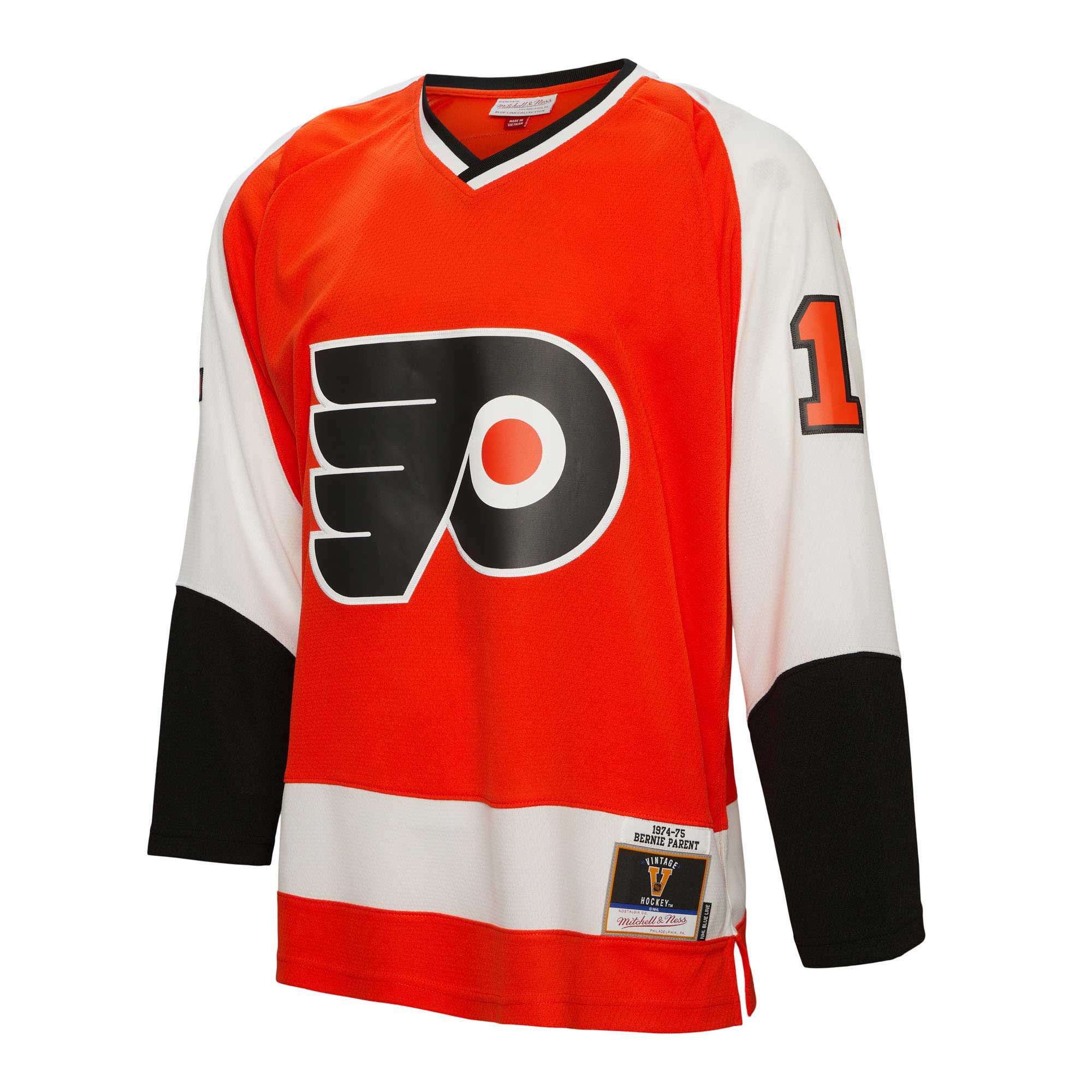 Alternative view of Men's Philadelphia Flyers Bernie Parent Mitchell & Ness Orange 1974/75 Blue Line Player Jersey - JS754 