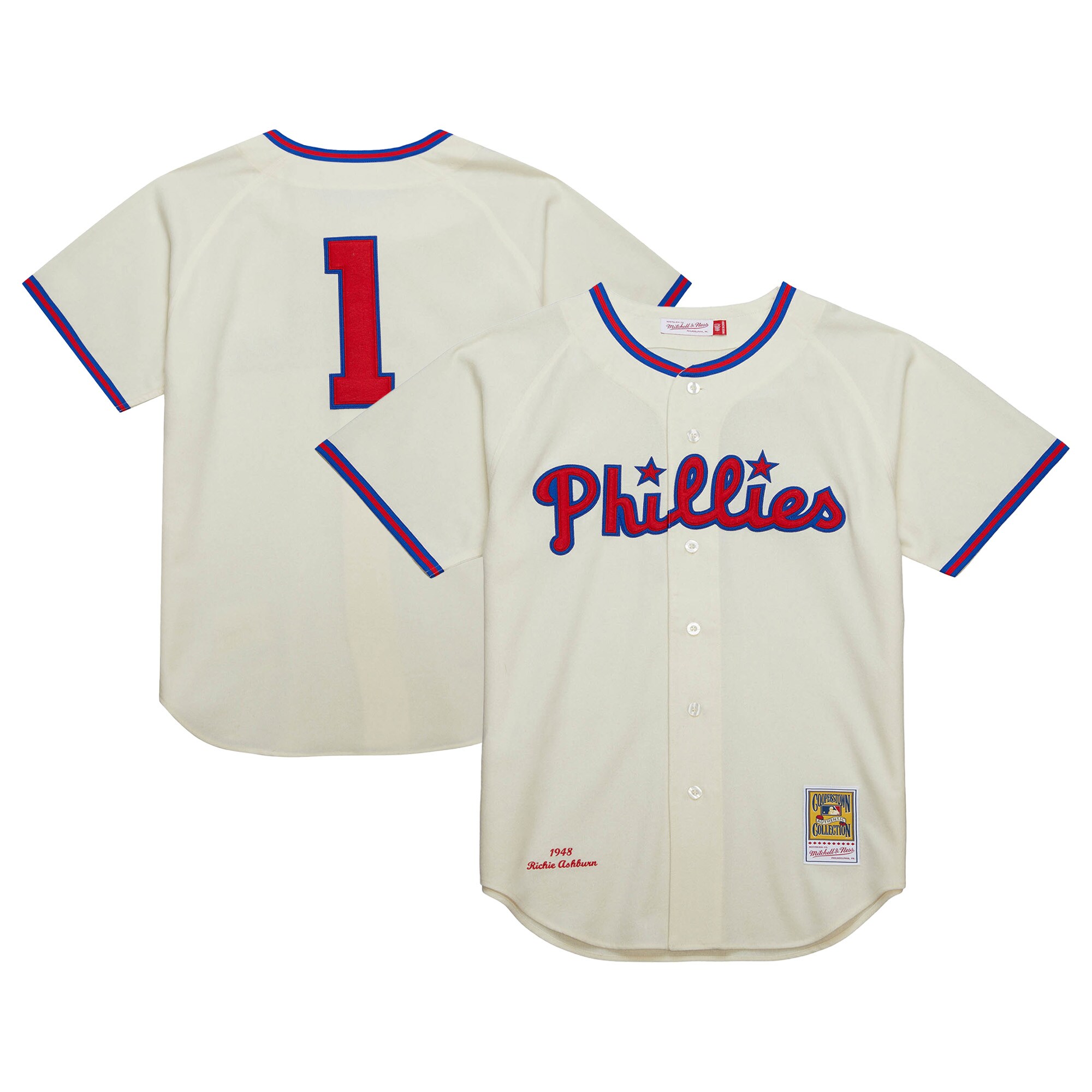 Men's Philadelphia Phillies Richie Ashburn Mitchell & Ness Cream Cooperstown Collection 1948 Jersey 