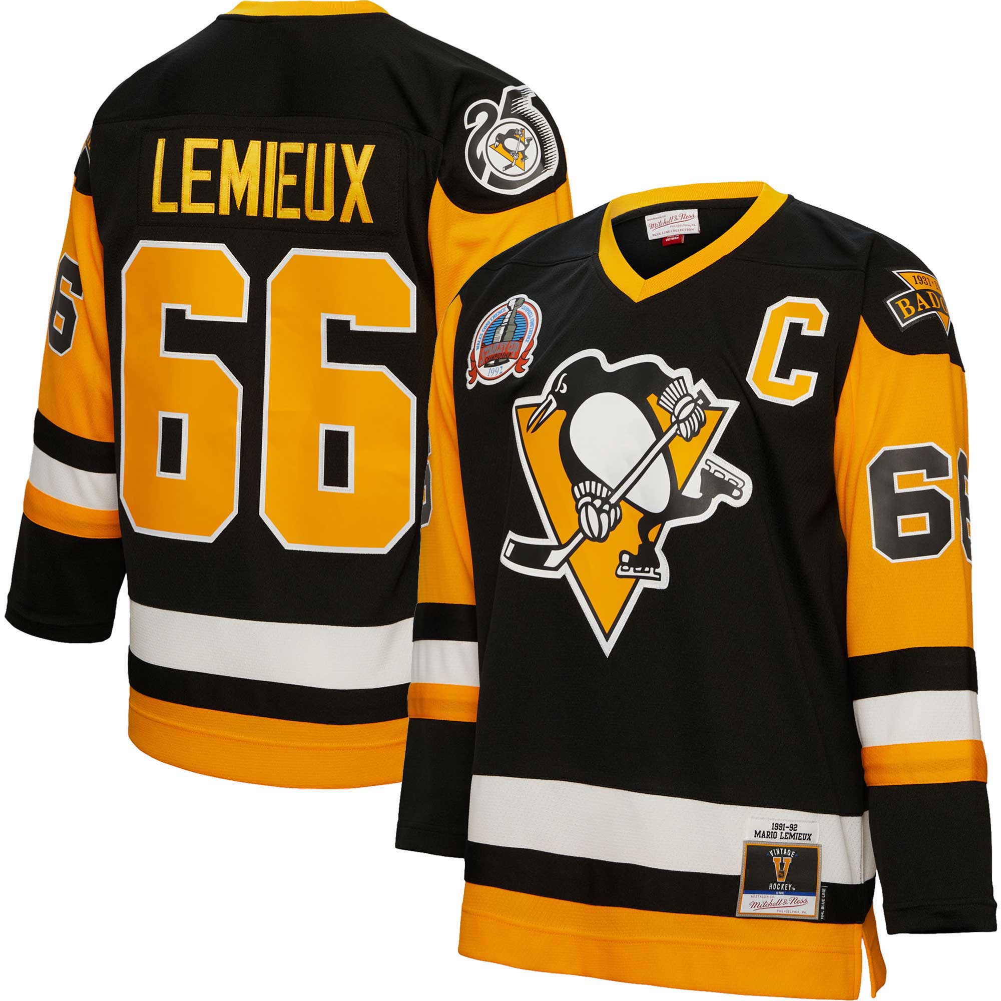 Men's Pittsburgh Penguins Mario Lemieux Mitchell & Ness Black Captain Patch 1991/92 Blue Line Player Jersey - JS279 
