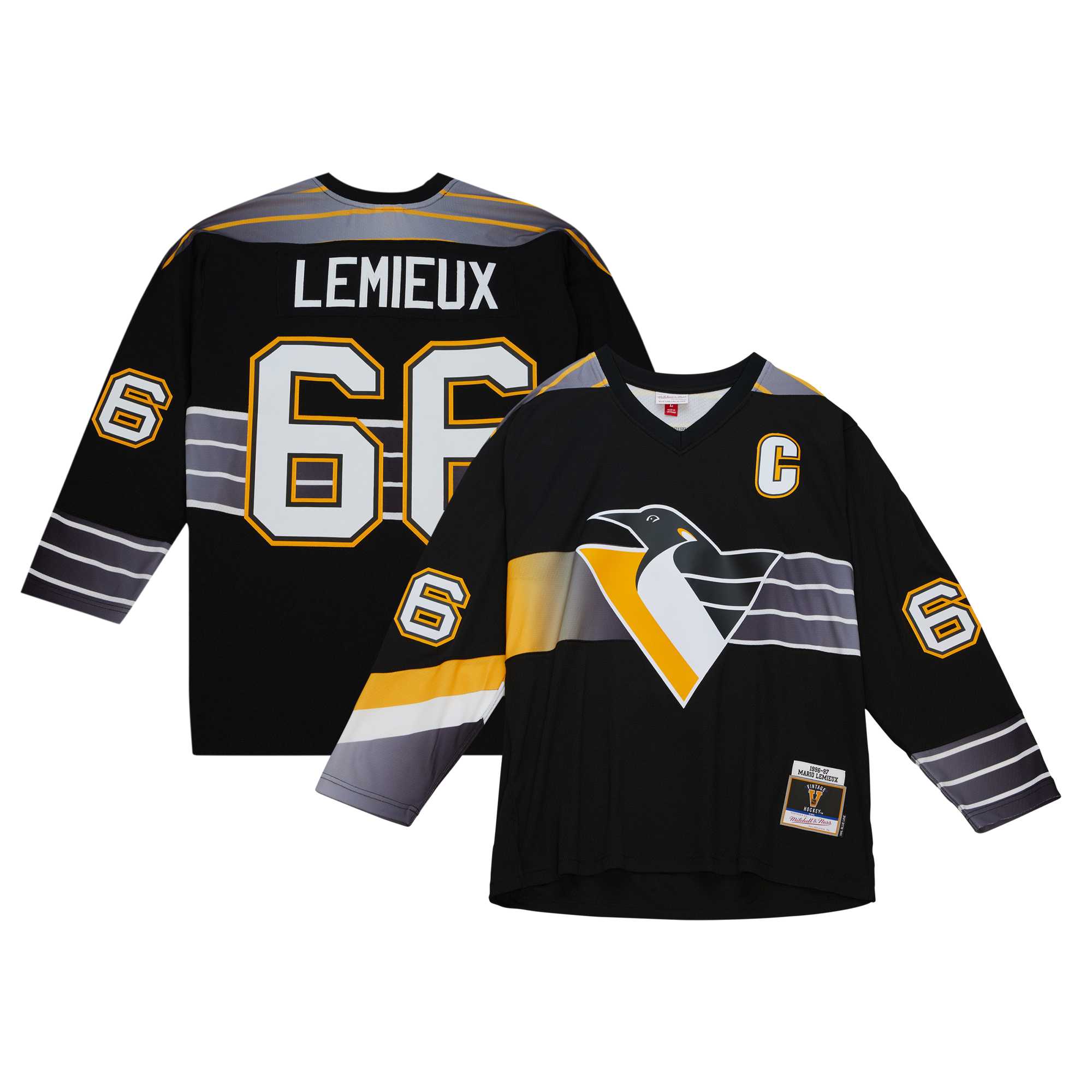 Men's Pittsburgh Penguins Mario Lemieux Mitchell & Ness Black Captain's Patch 1996/97 Blue Line Player Jersey - JS479 