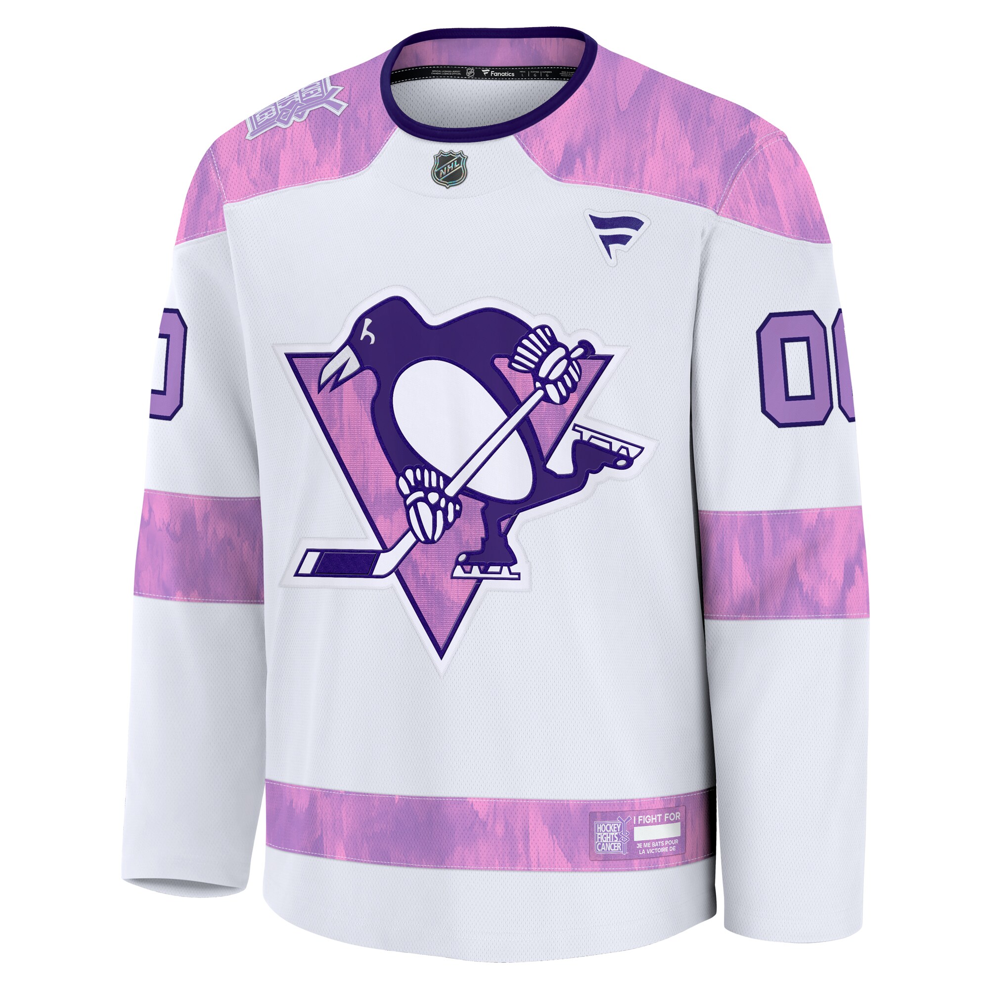 Alternative view of Men's Pittsburgh Penguins White 2024 Hockey Fights Cancer Custom Practice Jersey - JS555 