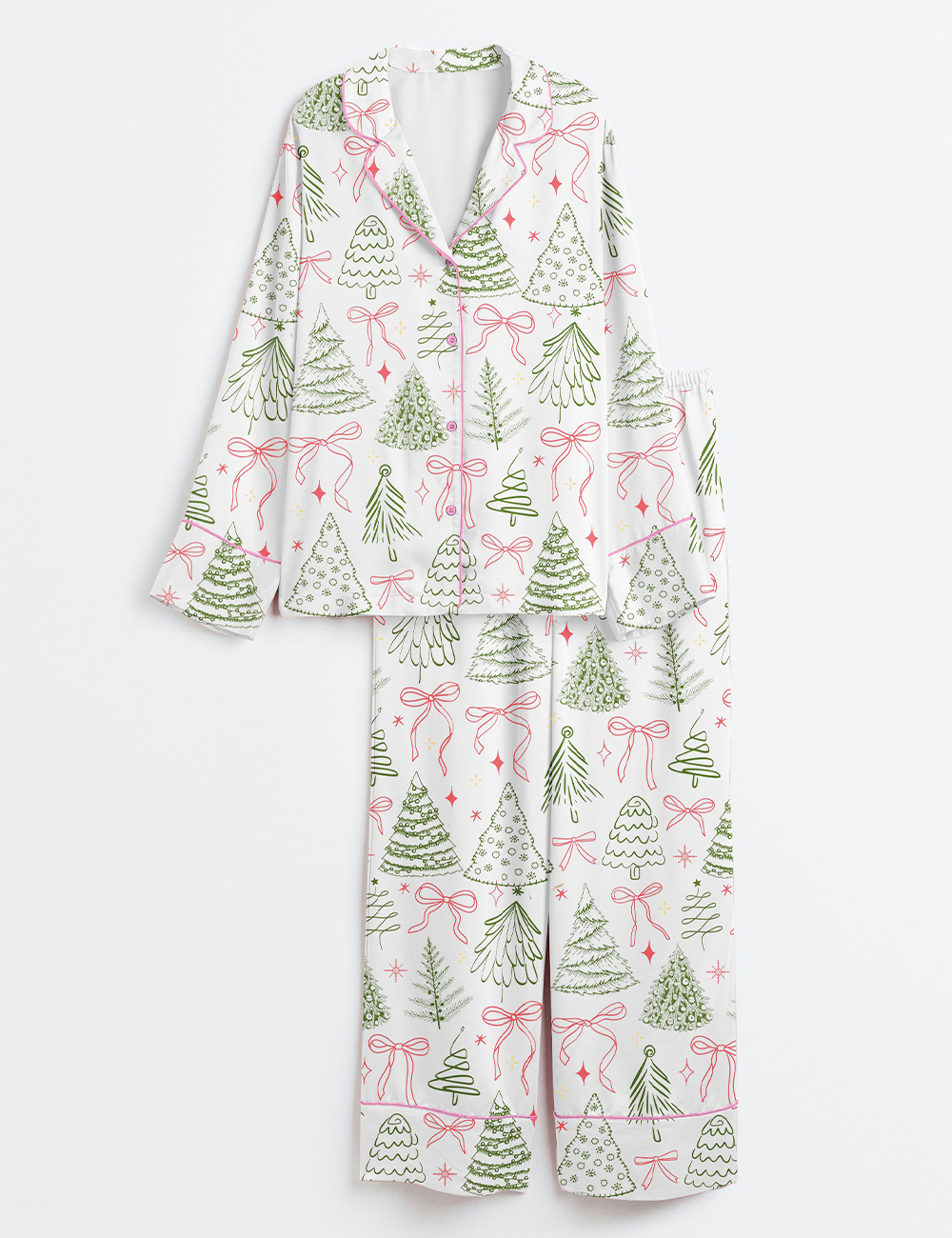 Men's Preppy Christmas Tree Vintage Coquette Bow Long Sleeve Satin Pajama Set