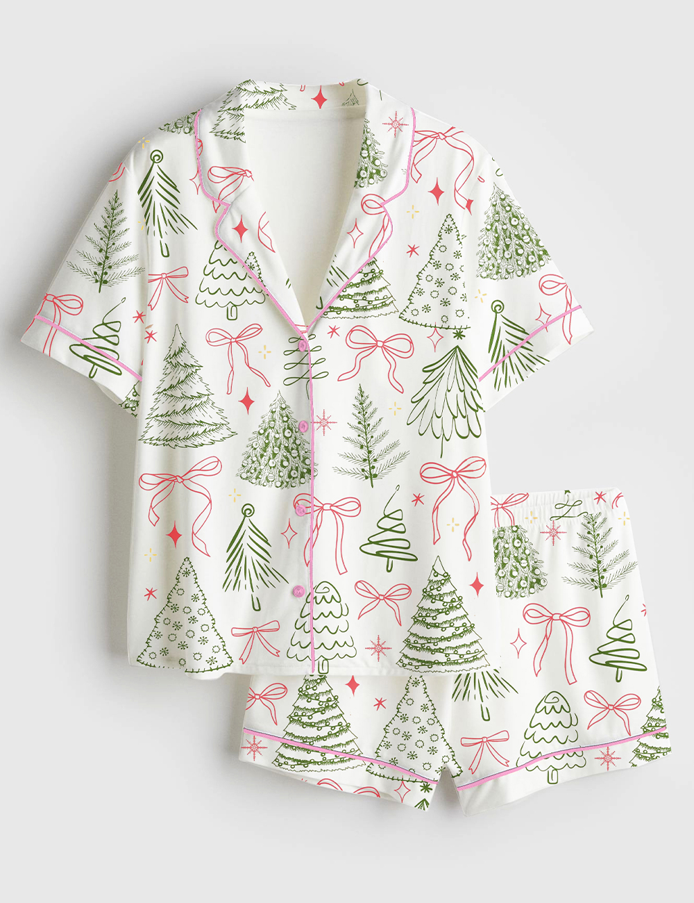 Men's Preppy Christmas Tree Vintage Coquette Bow Short Sleeve Satin Pajama Set