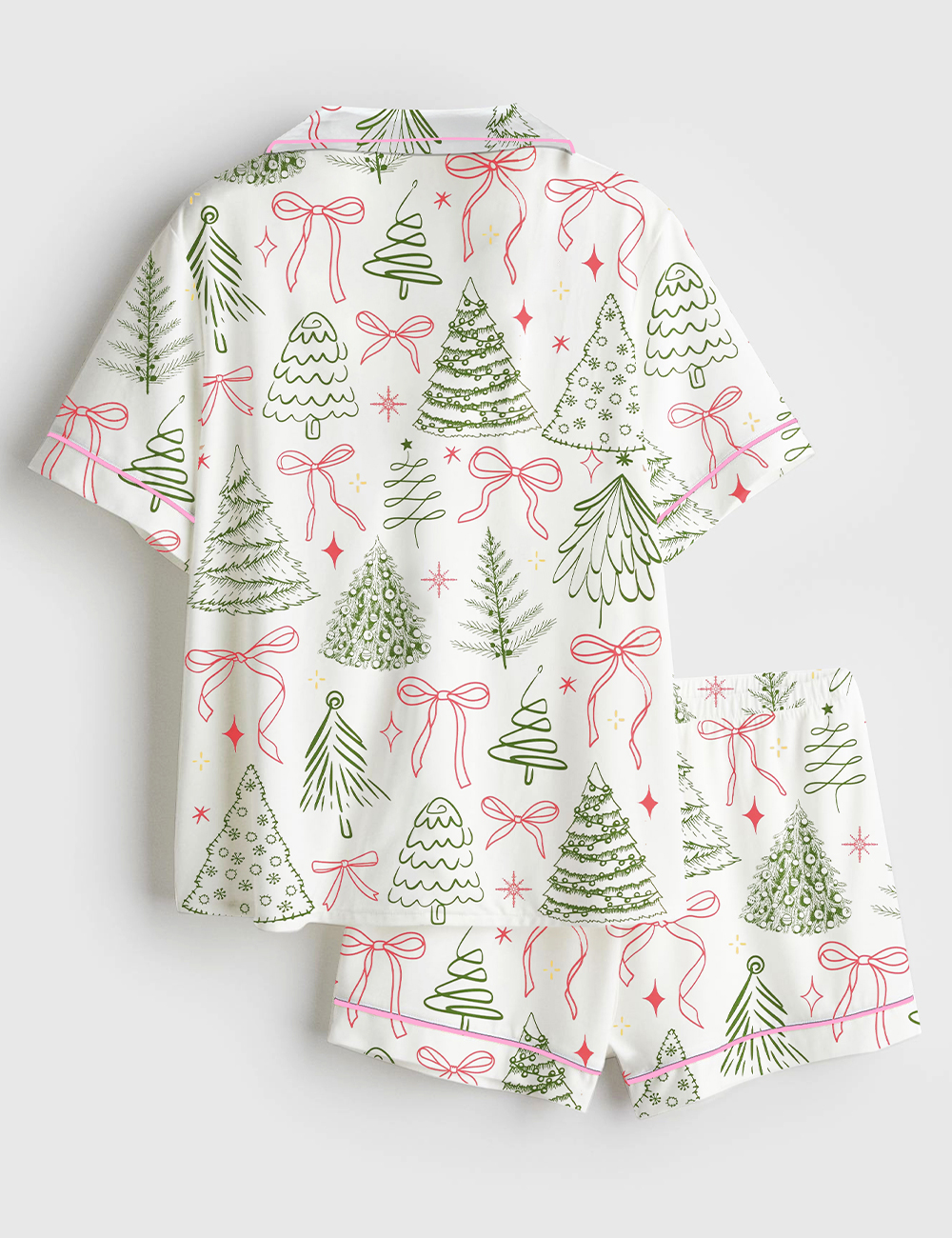 Alternative view of Men's Preppy Christmas Tree Vintage Coquette Bow Short Sleeve Satin Pajama Set