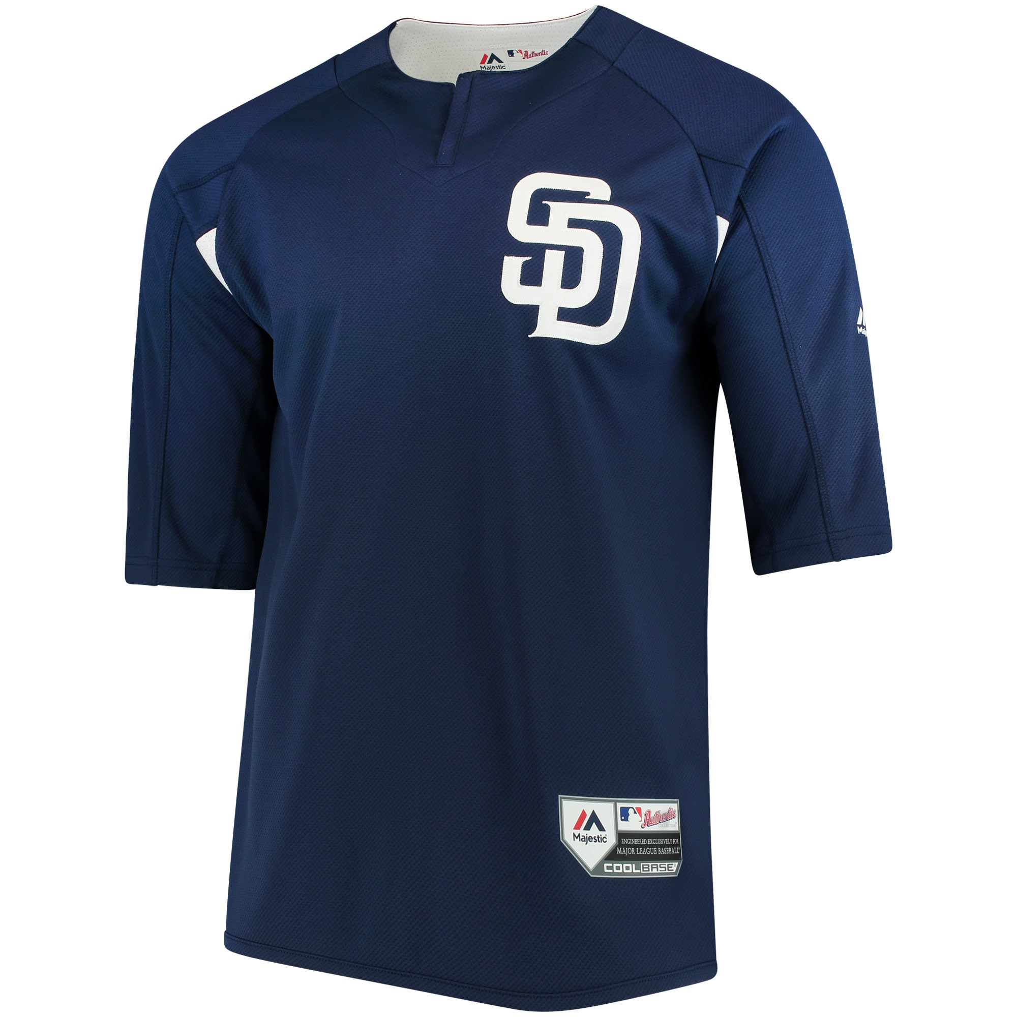 Alternative view of Men's San Diego Padres Majestic Navy/White Collection On-Field 3/4-Sleeve Batting Practice Jersey 