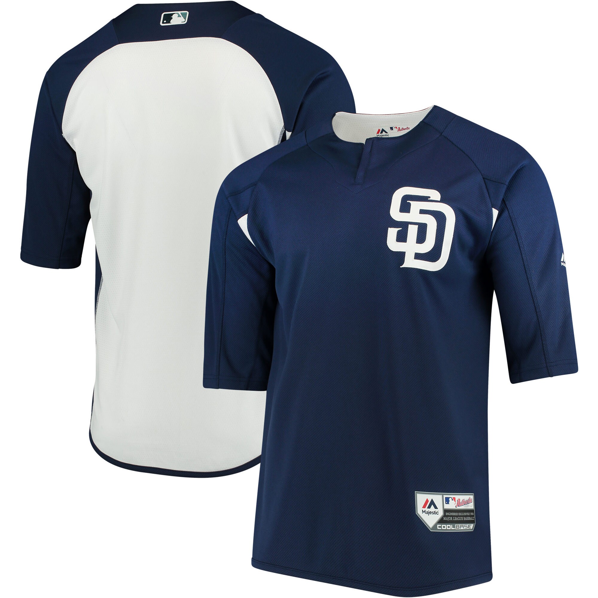 Men's San Diego Padres Majestic Navy/White Collection On-Field 3/4-Sleeve Batting Practice Jersey 