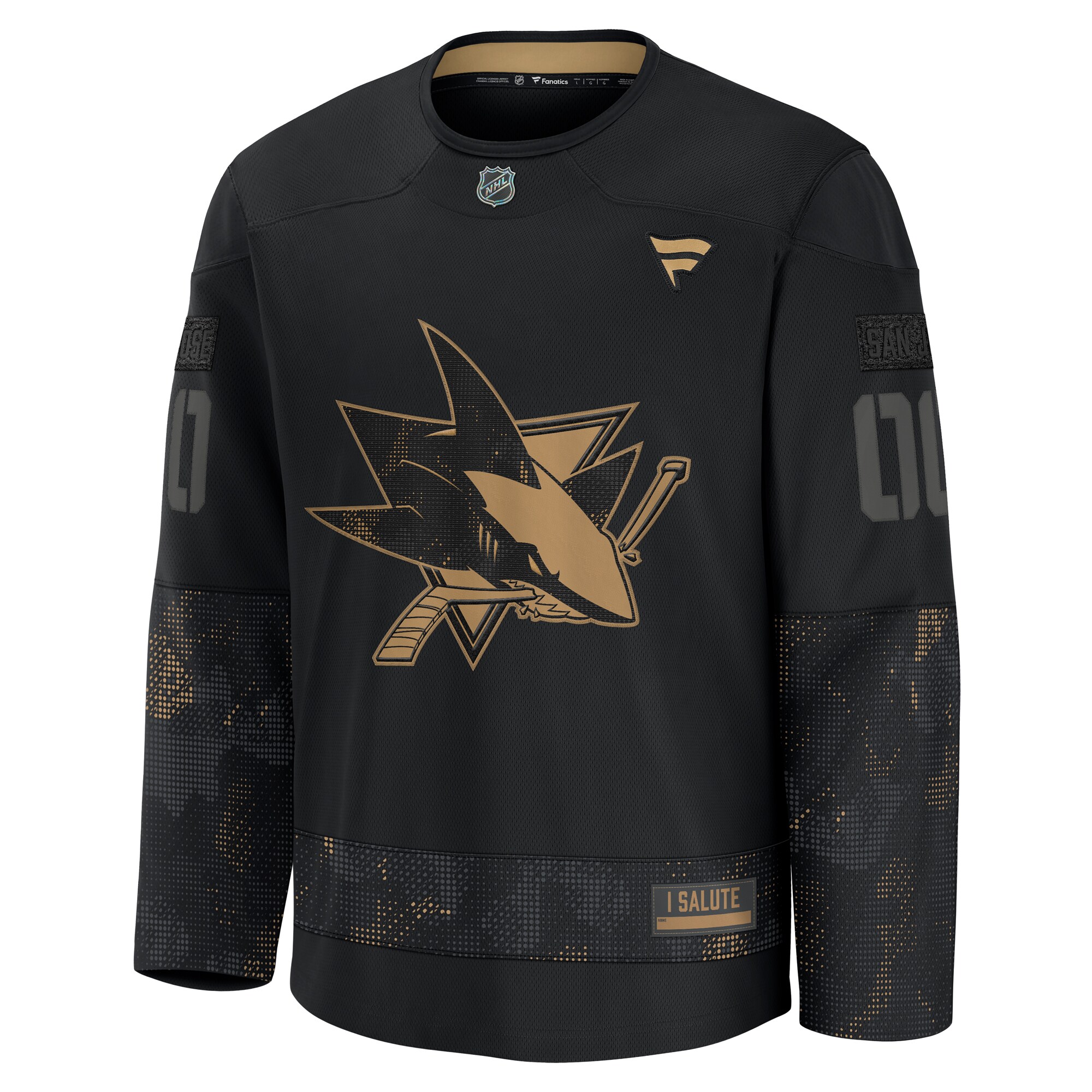 Alternative view of Men's San Jose Sharks Black 2024 Military Appreciation Custom Practice Jersey - JS714 