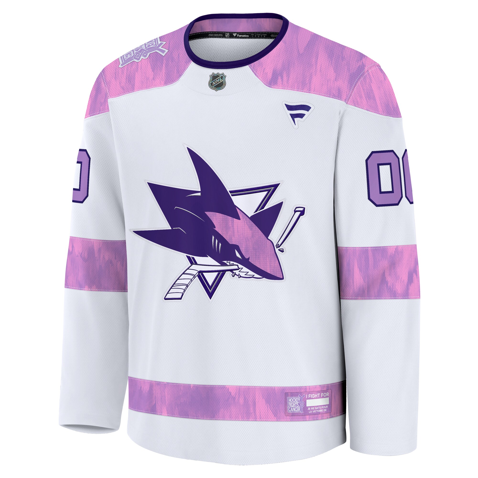 Alternative view of Men's San Jose Sharks White 2024 Hockey Fights Cancer Custom Practice Jersey - JS826 