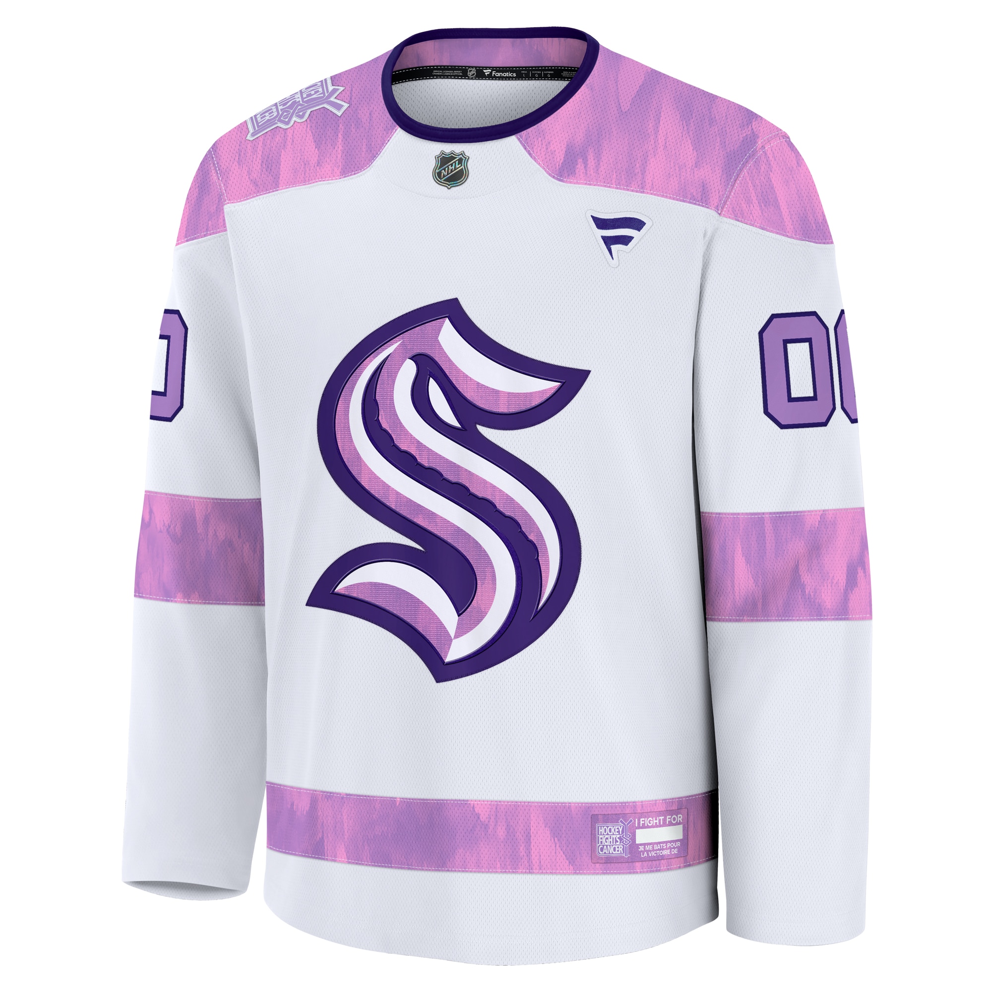 Alternative view of Men's Seattle Kraken White 2024 Hockey Fights Cancer Custom Practice Jersey - JS342 