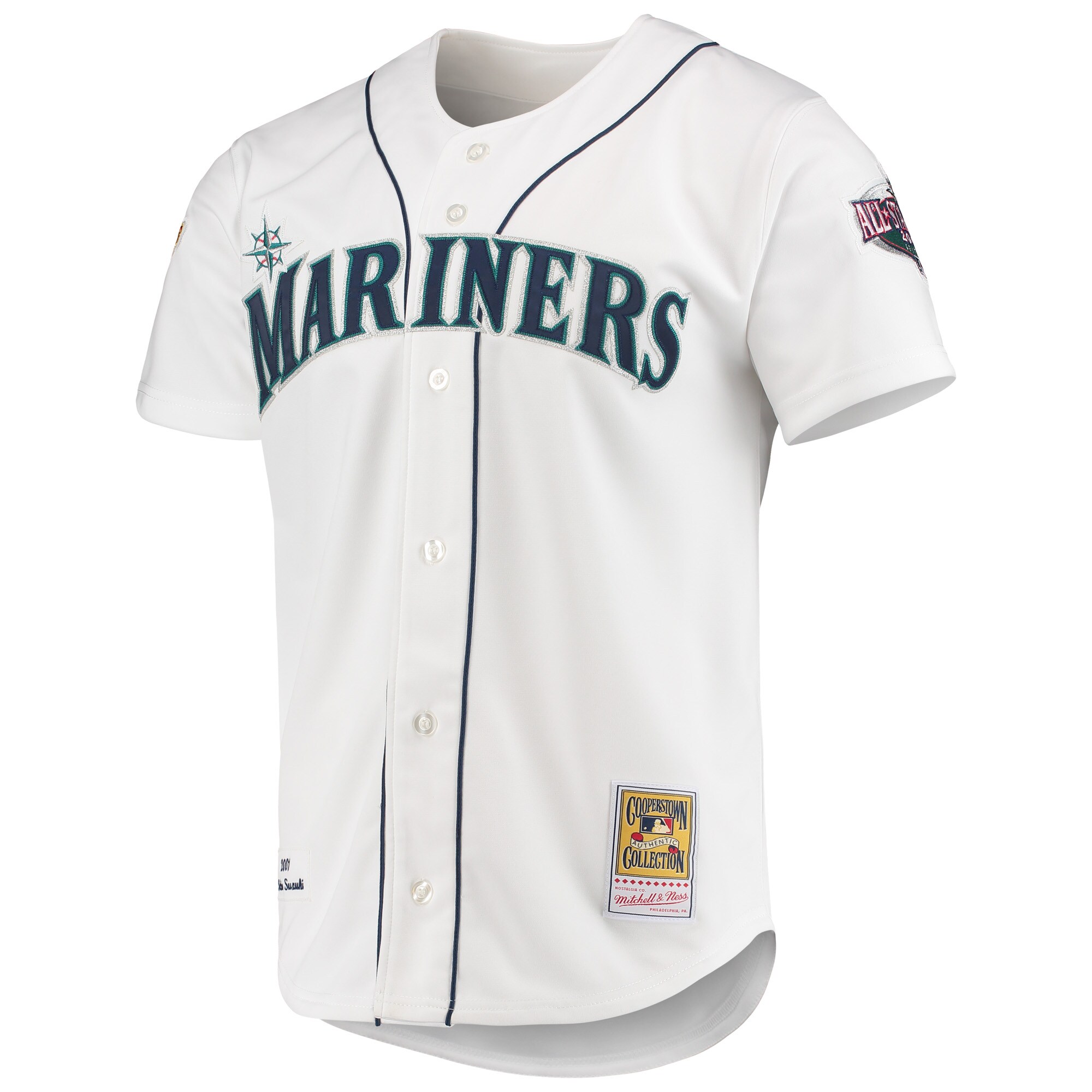 Alternative view of Men's Seattle Mariners Ichiro Suzuki Mitchell & Ness White 2001 MLB All-Star Game Cooperstown Collection Jersey 