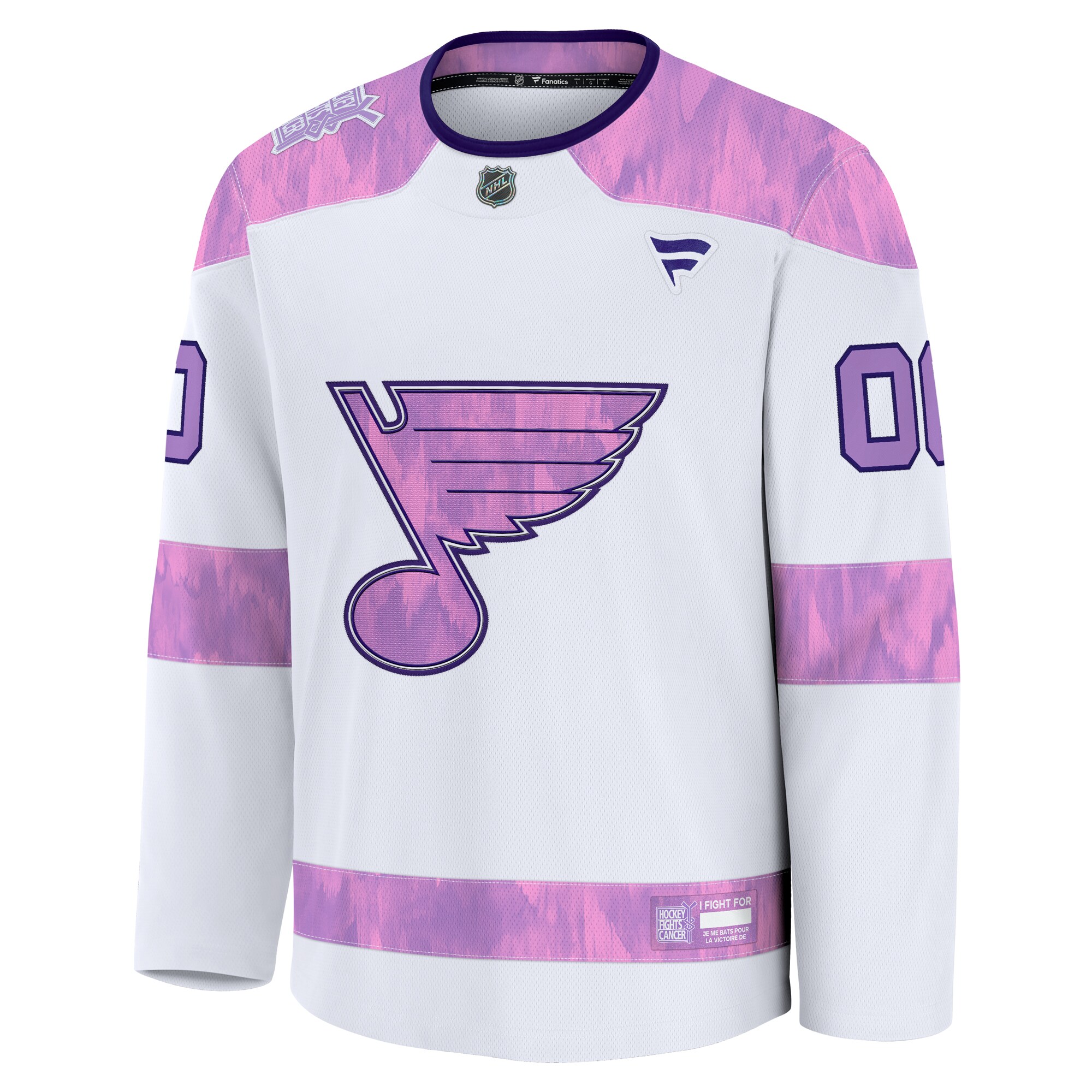 Alternative view of Men's St. Louis Blues White 2024 Hockey Fights Cancer Custom Practice Jersey - JS596 