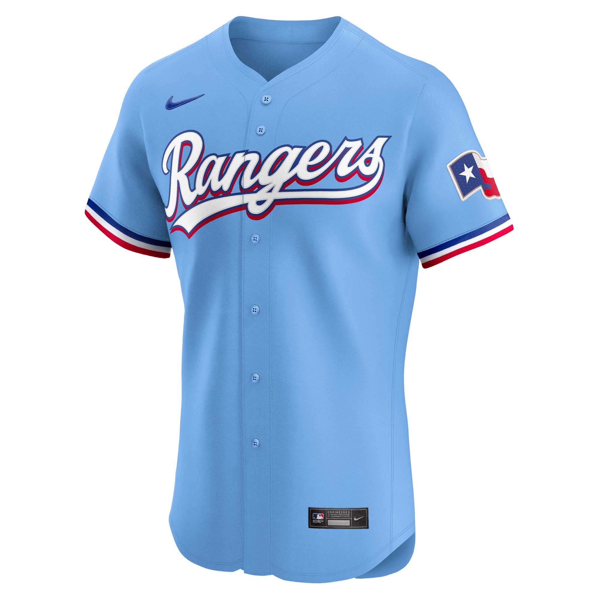 Alternative view of Men's Texas Rangers Light Blue Alternate Vapor Premier Elite Patch Jersey - JS920 
