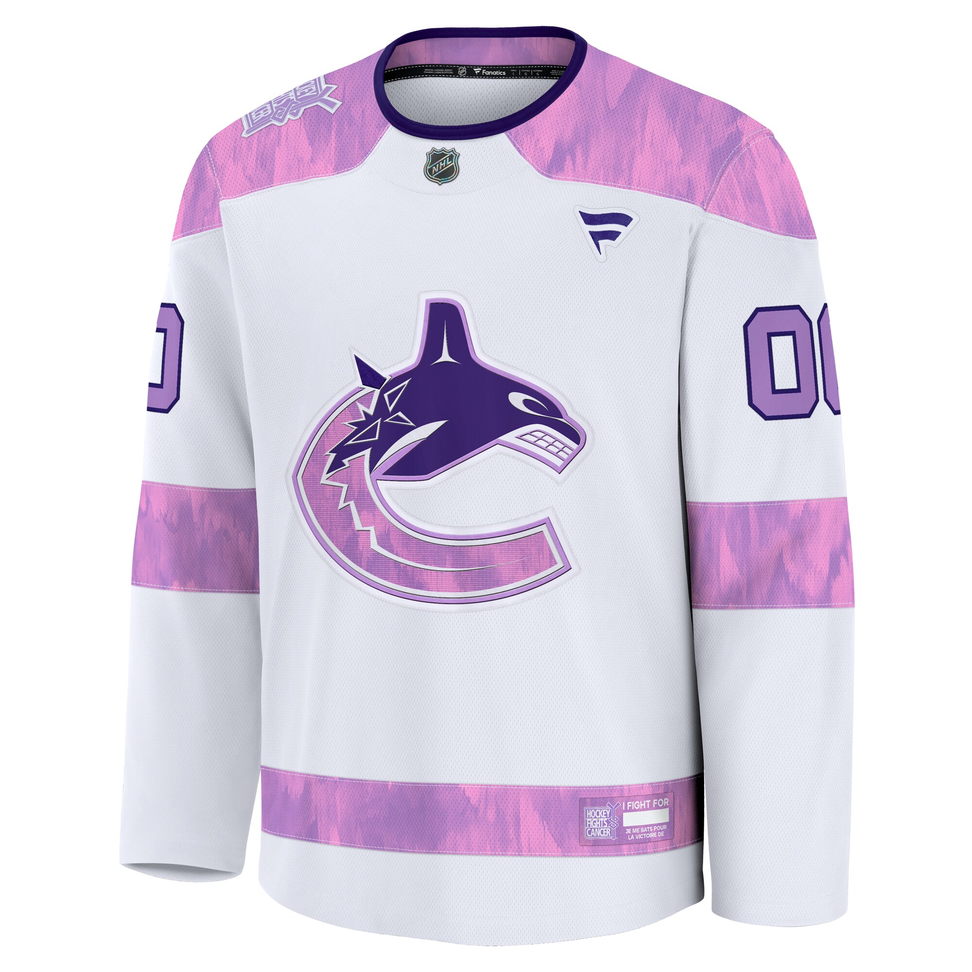 Alternative view of Men's Vancouver Canucks White 2024 Hockey Fights Cancer Custom Practice Jersey - JS600 