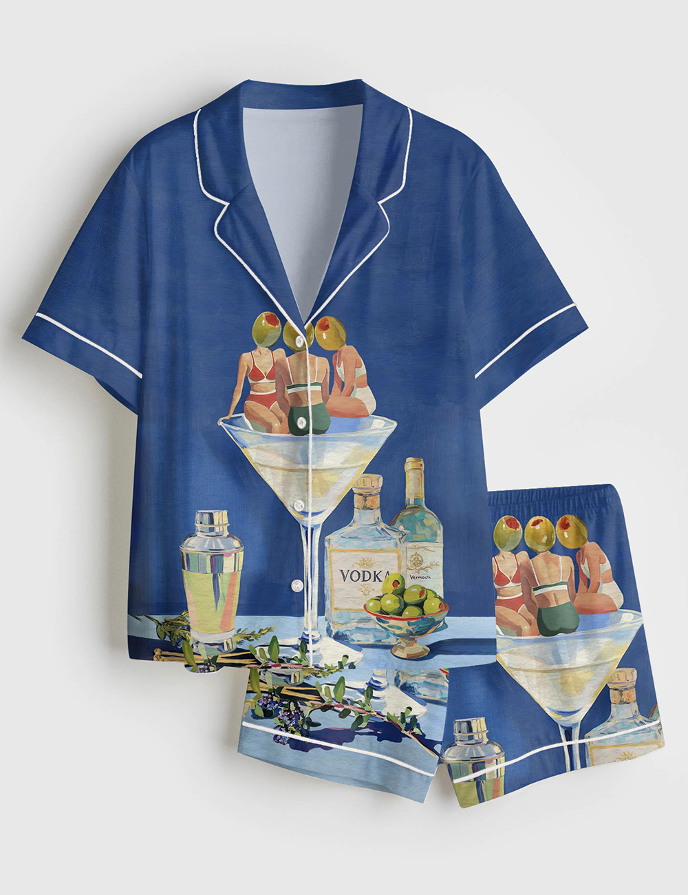 Men's Vintage Dirty Martini Bar Retro Cocktail Print Short Sleeve Satin Pajama Set