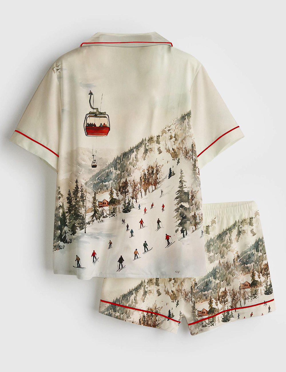 Alternative view of Men's Vintage Ski Lift Winter Ski Slopes Christmas Short Sleeve Satin Pajama Set