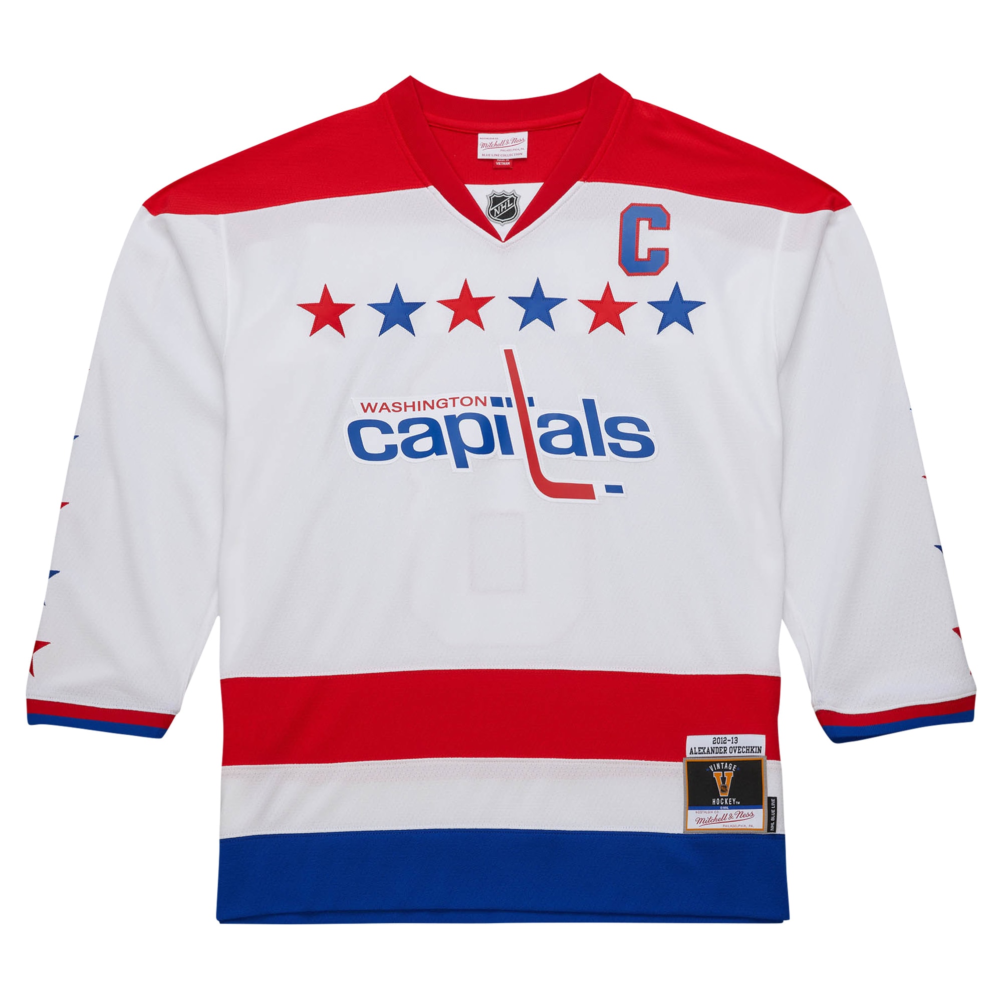 Alternative view of Men's Washington Capitals Alexander Ovechkin Mitchell & Ness White 2012/13 Alternate Captain Blue Line Player Jersey - JS196 