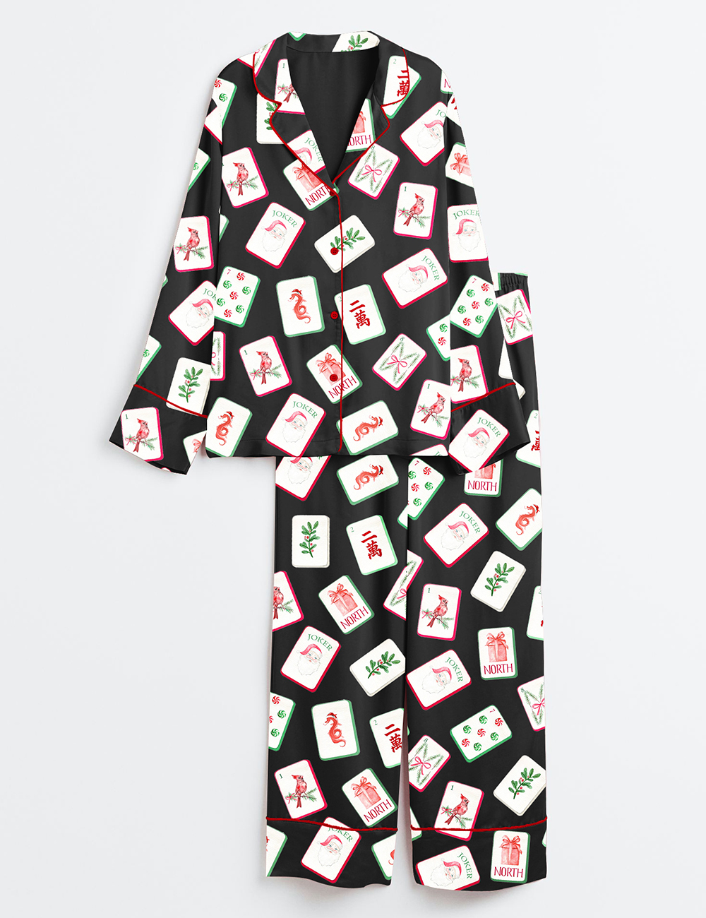 Alternative view of Men's Watercolor Chinoiserie Millennial Mahjong Christmas Santa Party Long Sleeve Satin Pajama Set