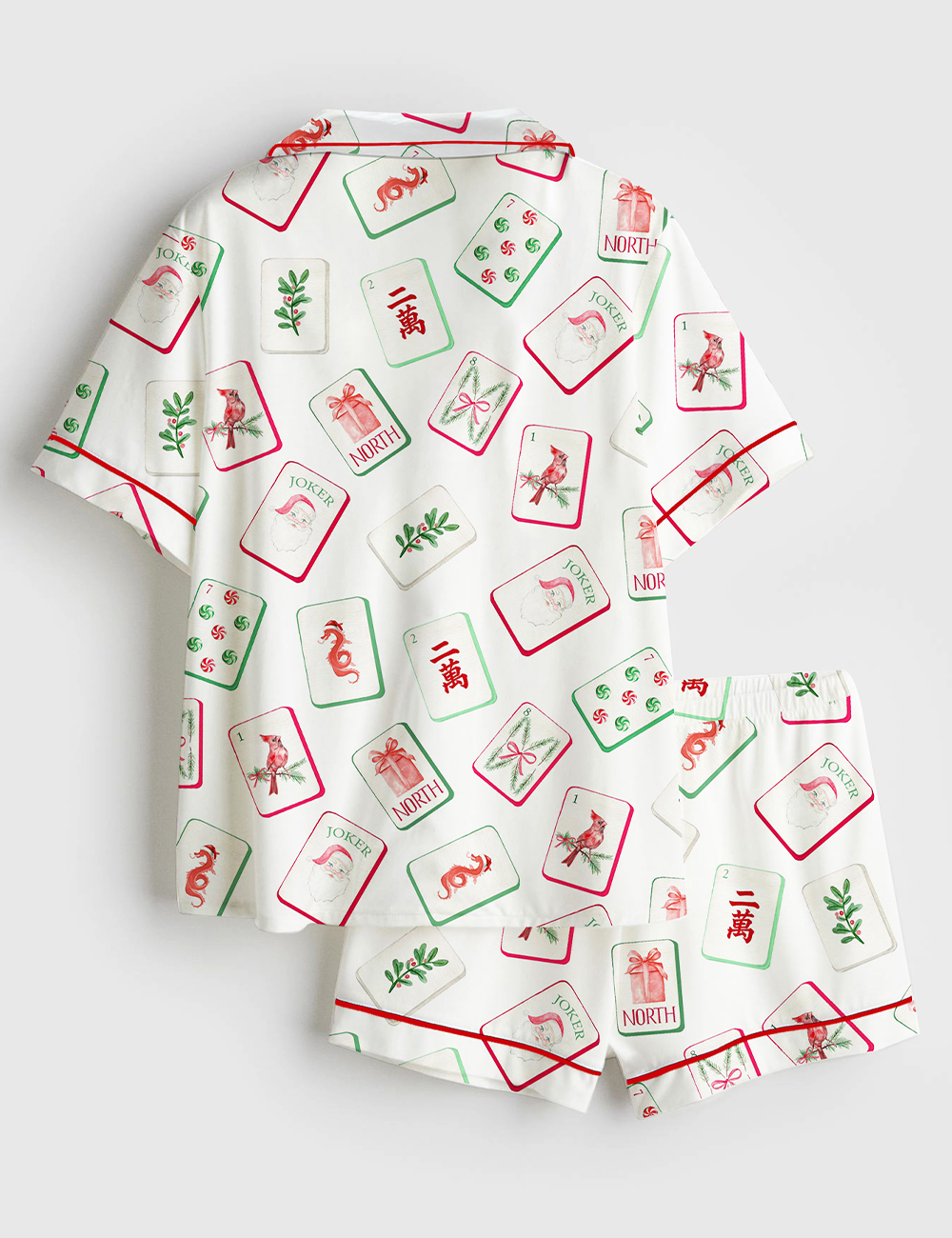 Alternative view of Men's Watercolor Chinoiserie Millennial Mahjong Christmas Santa Party Short Sleeve Satin Pajama Set