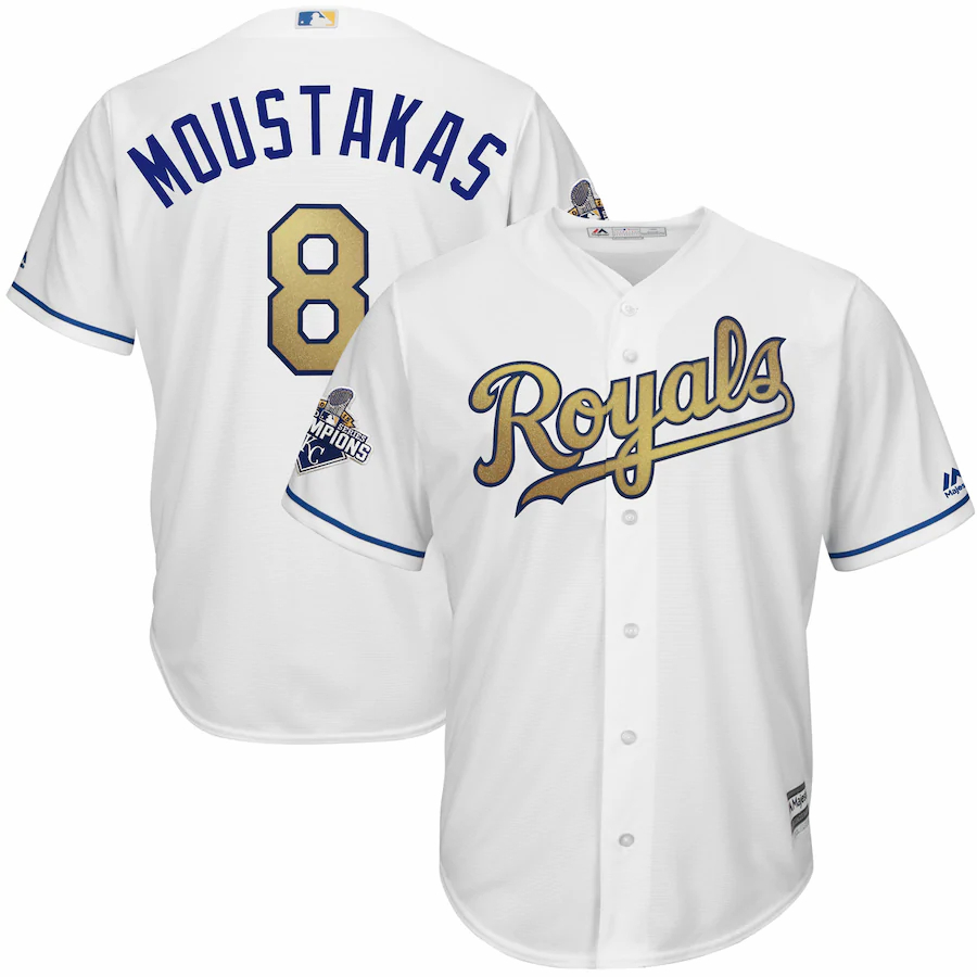 Mike Moustakas Kansas City Royals Majestic 2015 World Series Champions Gold Program Cool Base Player Jersey – White