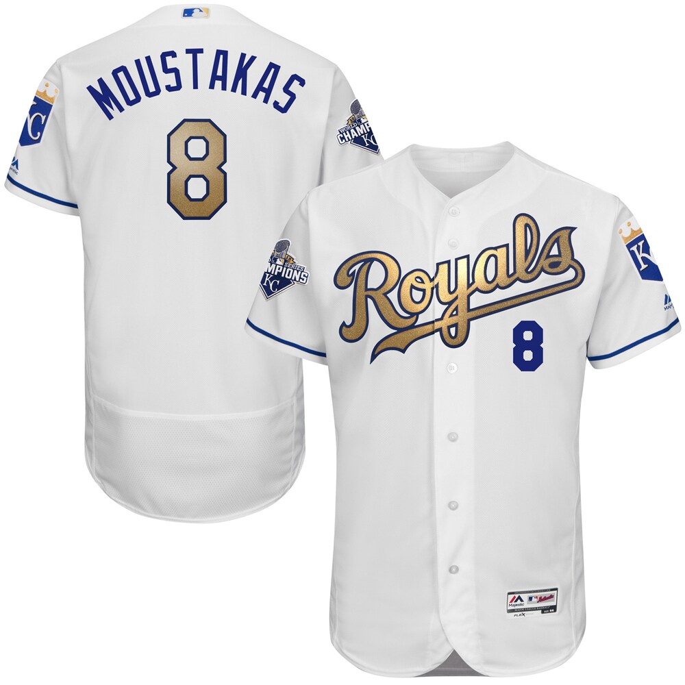 Mike Moustakas Kansas City Royals Majestic Home 2015 World Series Champions Gold Program Flex Base Player Jersey - White