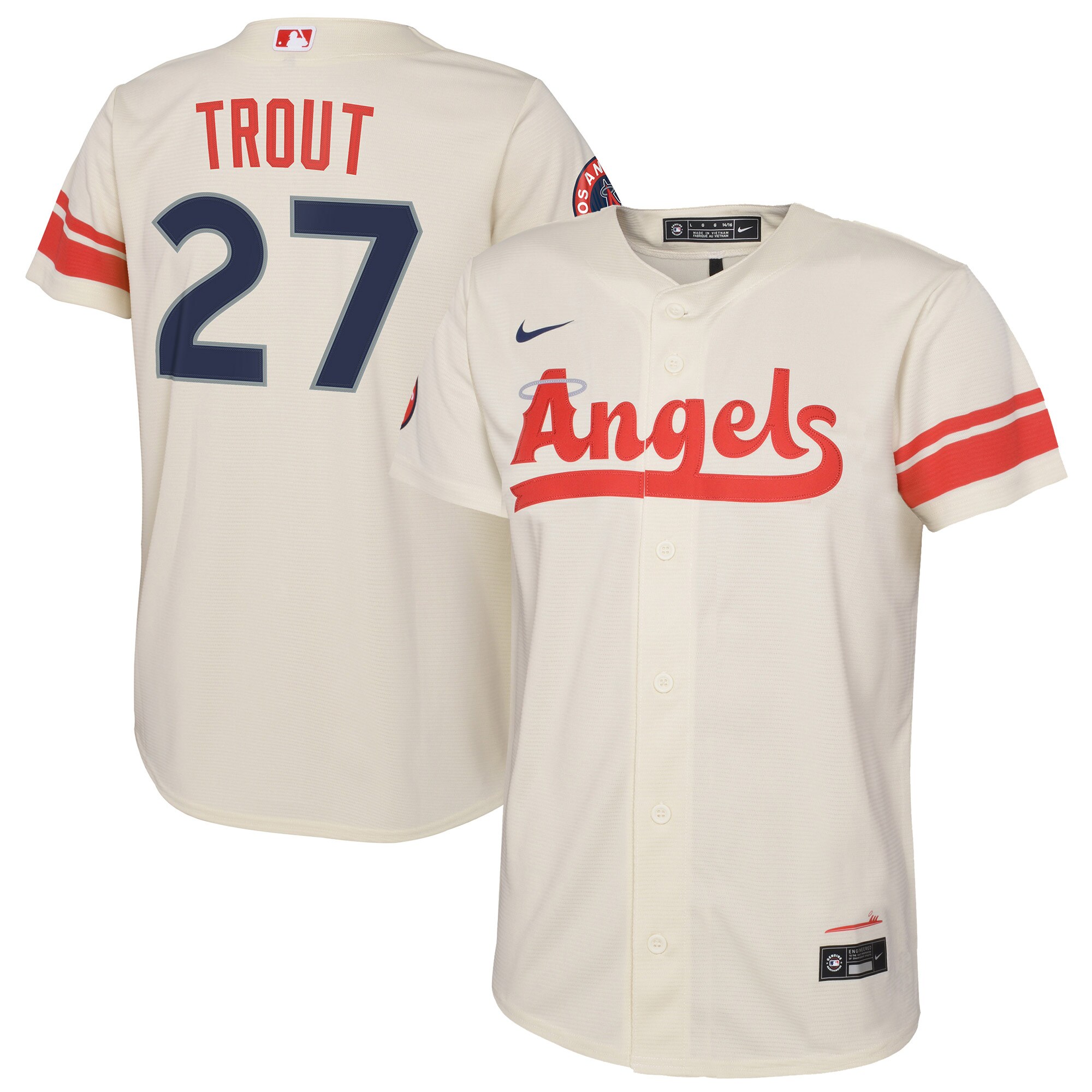 Alternative view of Mike Trout Los Angeles Angels Youth 2022 City Connect Replica Player Jersey - Cream