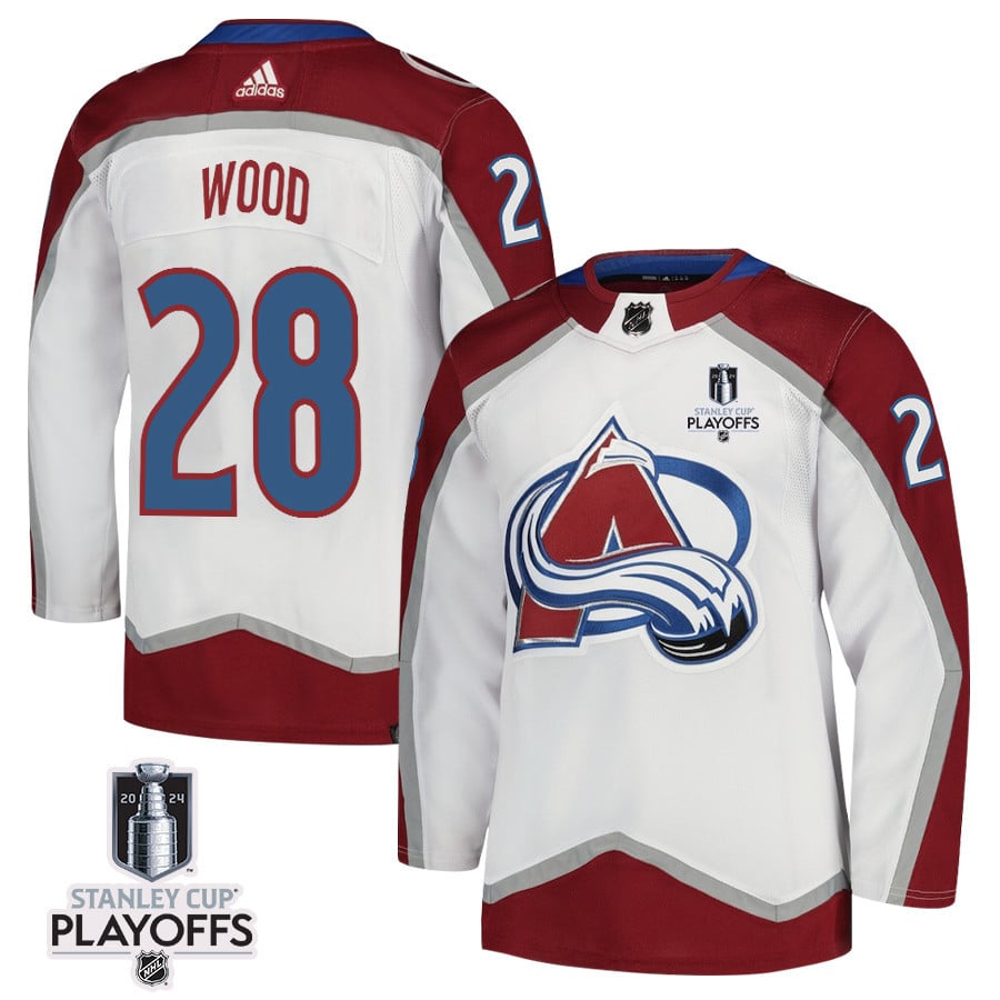 Miles Wood 28 Colorado Avalanche 2024 NHL Playoffs Patch Away Jersey - Men, White - JS780 