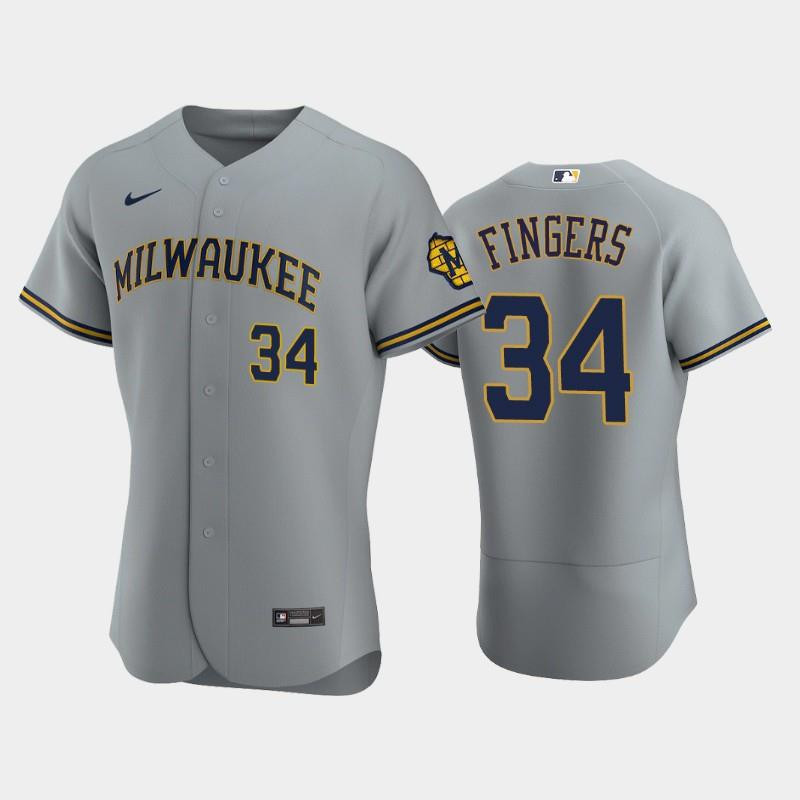Milwaukee Brewers 34 Rollie Fingers Road Team Gray Jersey Jersey 