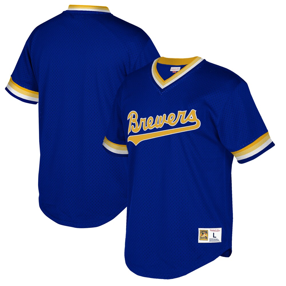Milwaukee Brewers Mitchell & Ness Cooperstown Collection Mesh Wordmark V-neck Jersey - Royal
