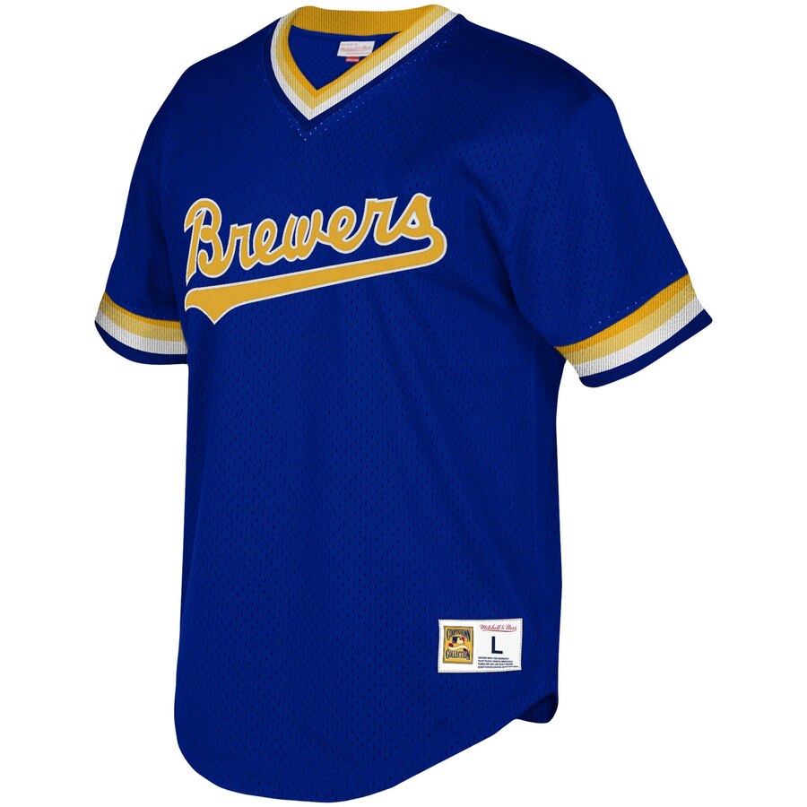 Alternative view of Milwaukee Brewers Mitchell & Ness Youth Cooperstown Collection Mesh Wordmark V-neck Jersey - Royal