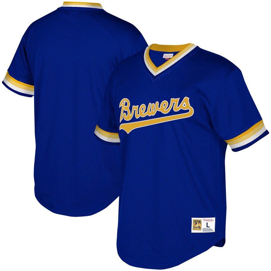 Milwaukee Brewers Mitchell & Ness Youth Cooperstown Collection Mesh Wordmark V-neck Jersey - Royal